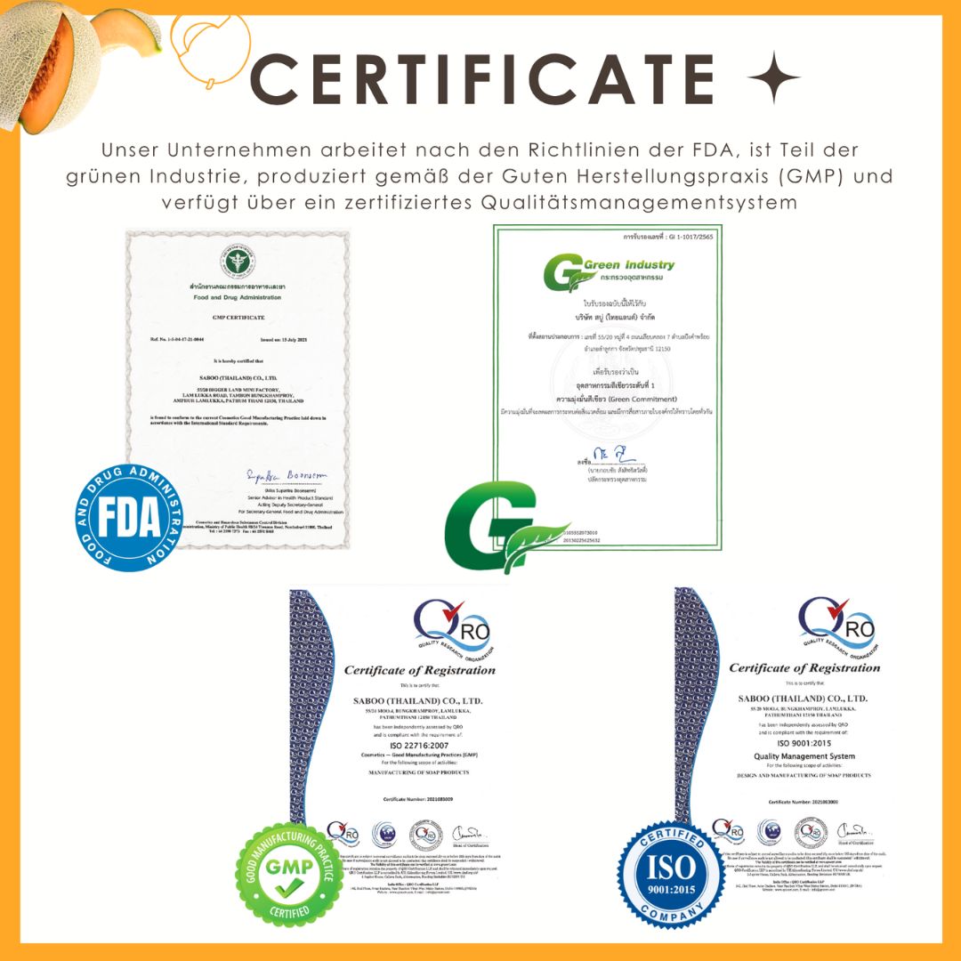 Zertifikate und Logos. FDA, GMP, ISO 9001. Text: Unser Unternehmen arbeitet nach den Richtlinien der FDA.