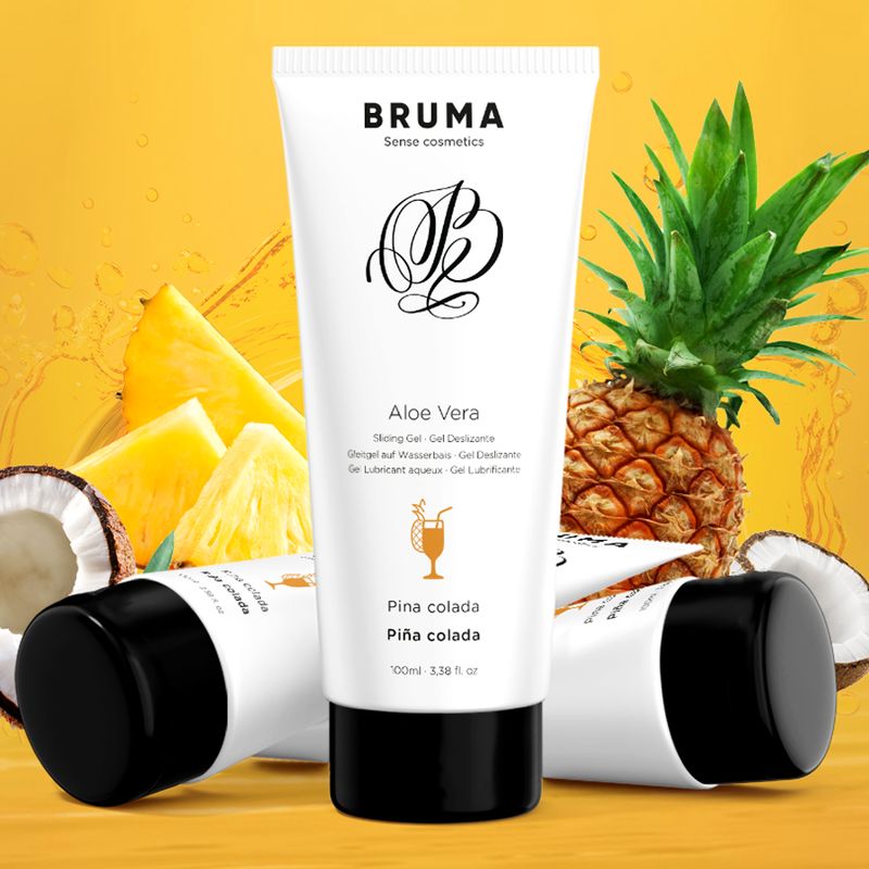 Weiße Tube mit schwarzem Deckel, Aloe Vera und Pina Colada Aufschrift, umgeben von Ananas und Kokosnuss.