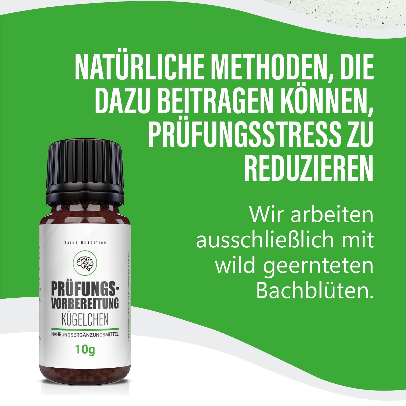 Braune Glasflasche mit schwarzem Deckel vor grünem Hintergrund. Produktname und Logo deutlich sichtbar. Marke: Saint Nutrition.