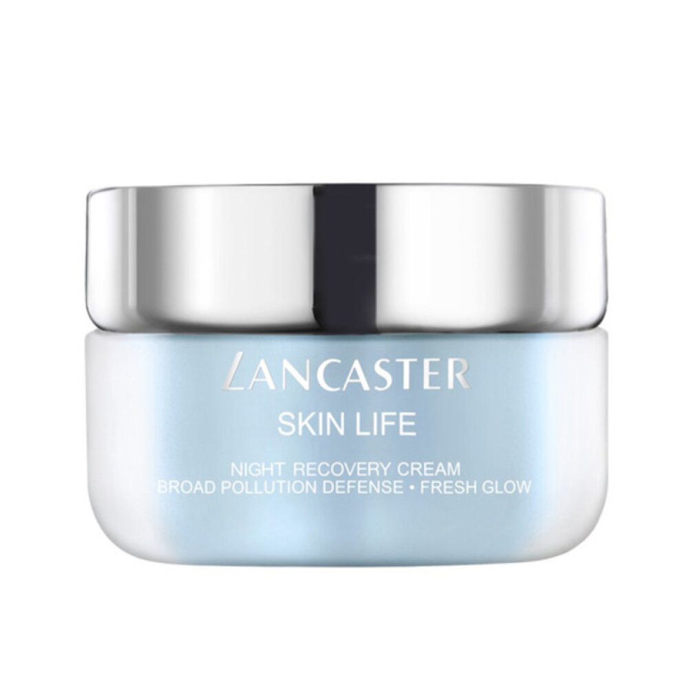 Creme-Tiegel mit silbernem Deckel. Aufschrift: Lancaster Skin Life Night Recovery Cream.