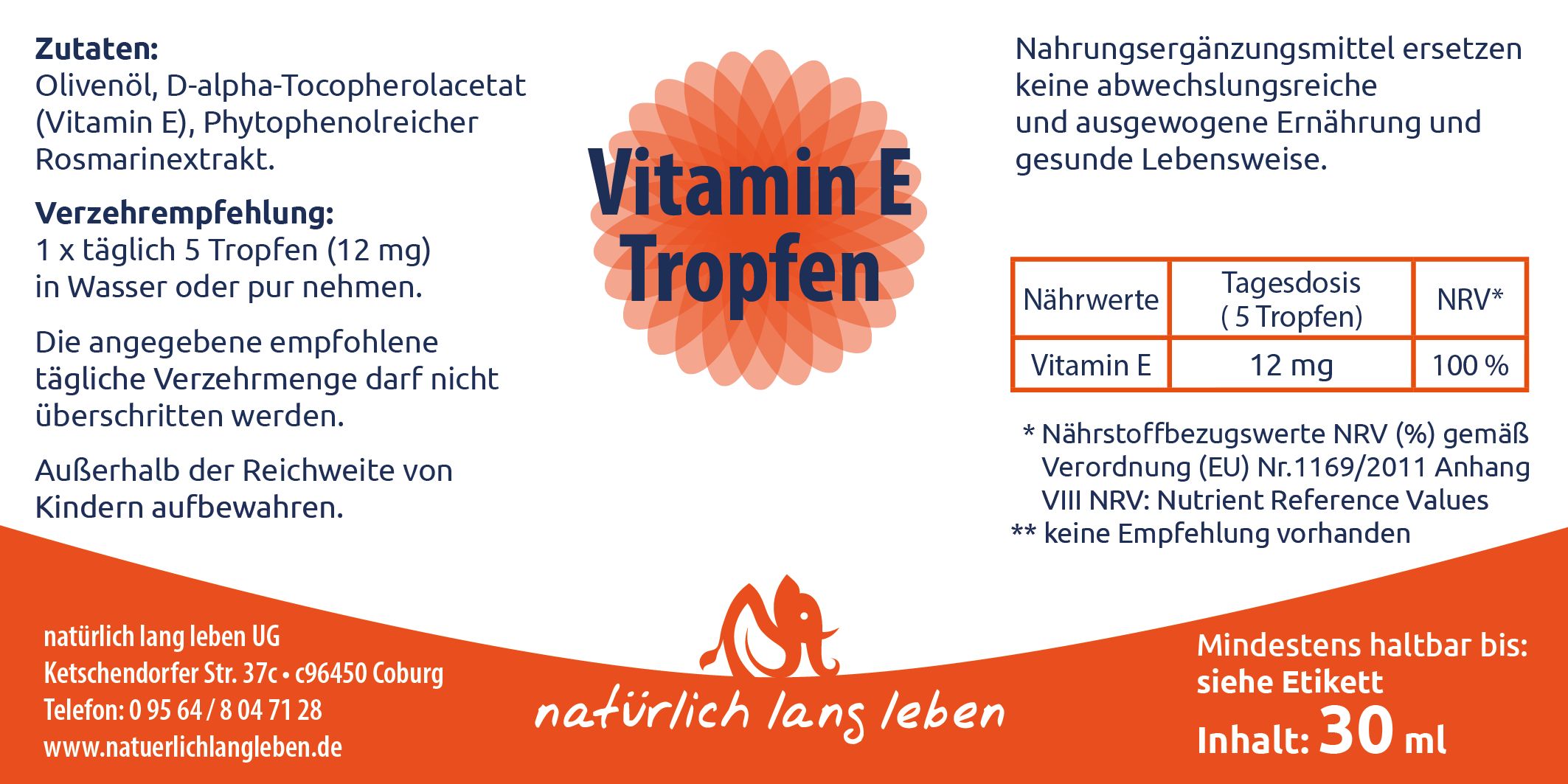 natürlich lang leben Vitamin E Tropfen vegan 30 ml