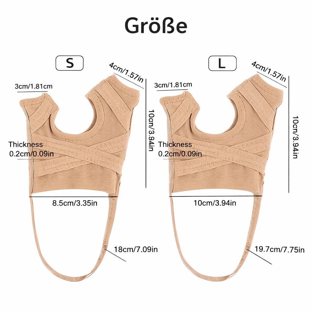 Beige Hallux Valgus Korrektor, Größen S und L mit Maßangaben. Dicke 0,2cm. Maße: 8,5cm/10cm breit, 10cm hoch, 18cm/19,7cm lang.