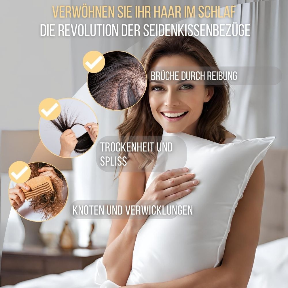Frau mit Kissen. Infografik mit Produktvorteilen, Fokus auf Haare.