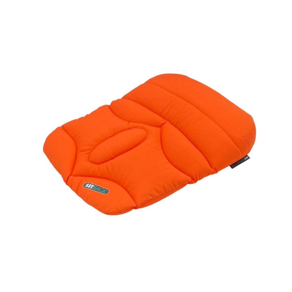 Oranges Sitzkissen mit SITBACK-Logo. Gepolstert, rechteckig mit abgerundeten Ecken. Aufschrift SITBACK.
