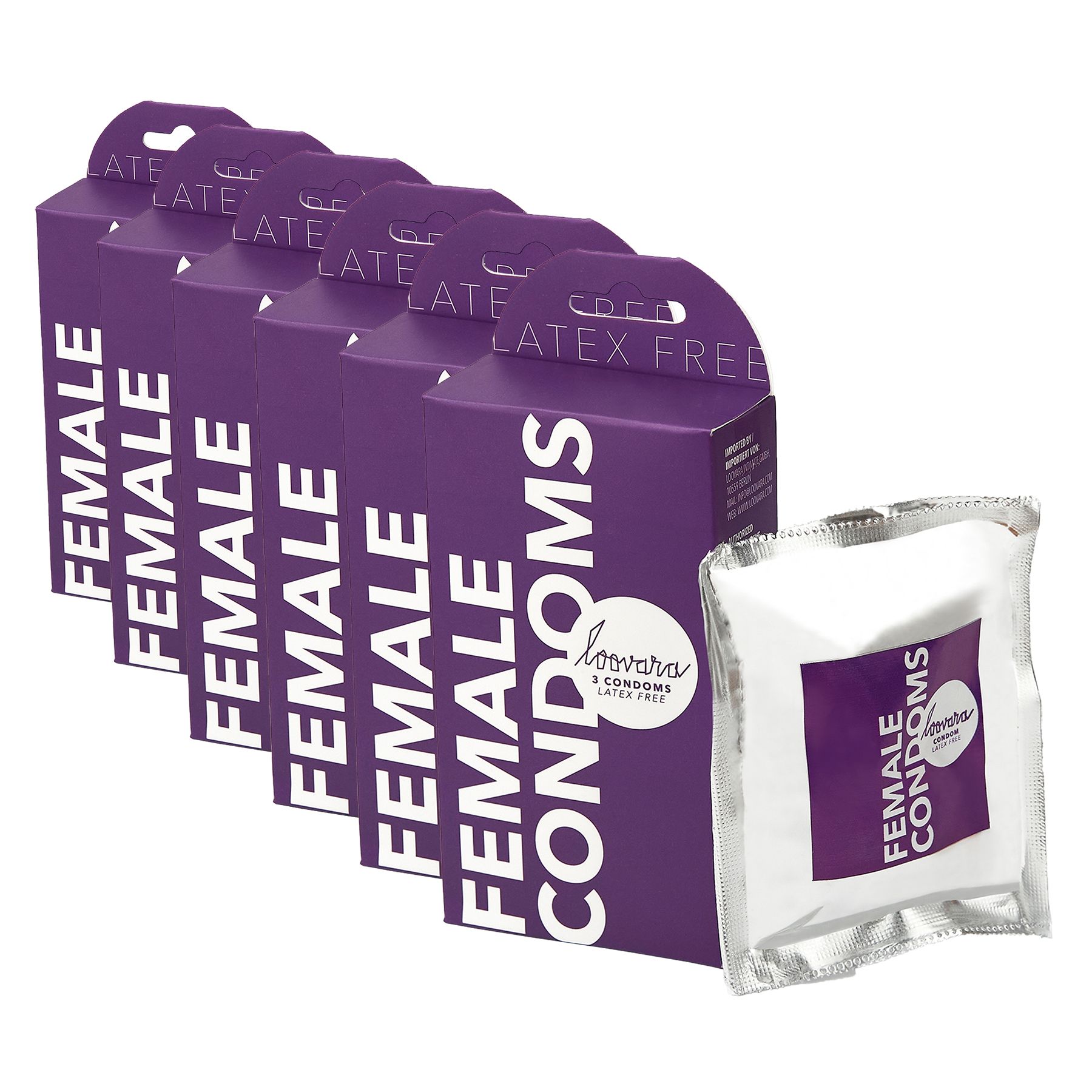 Mehrere Packungen Loovara Frauenkondome, lila Verpackung, Latex-frei. Einzelverpackung daneben.