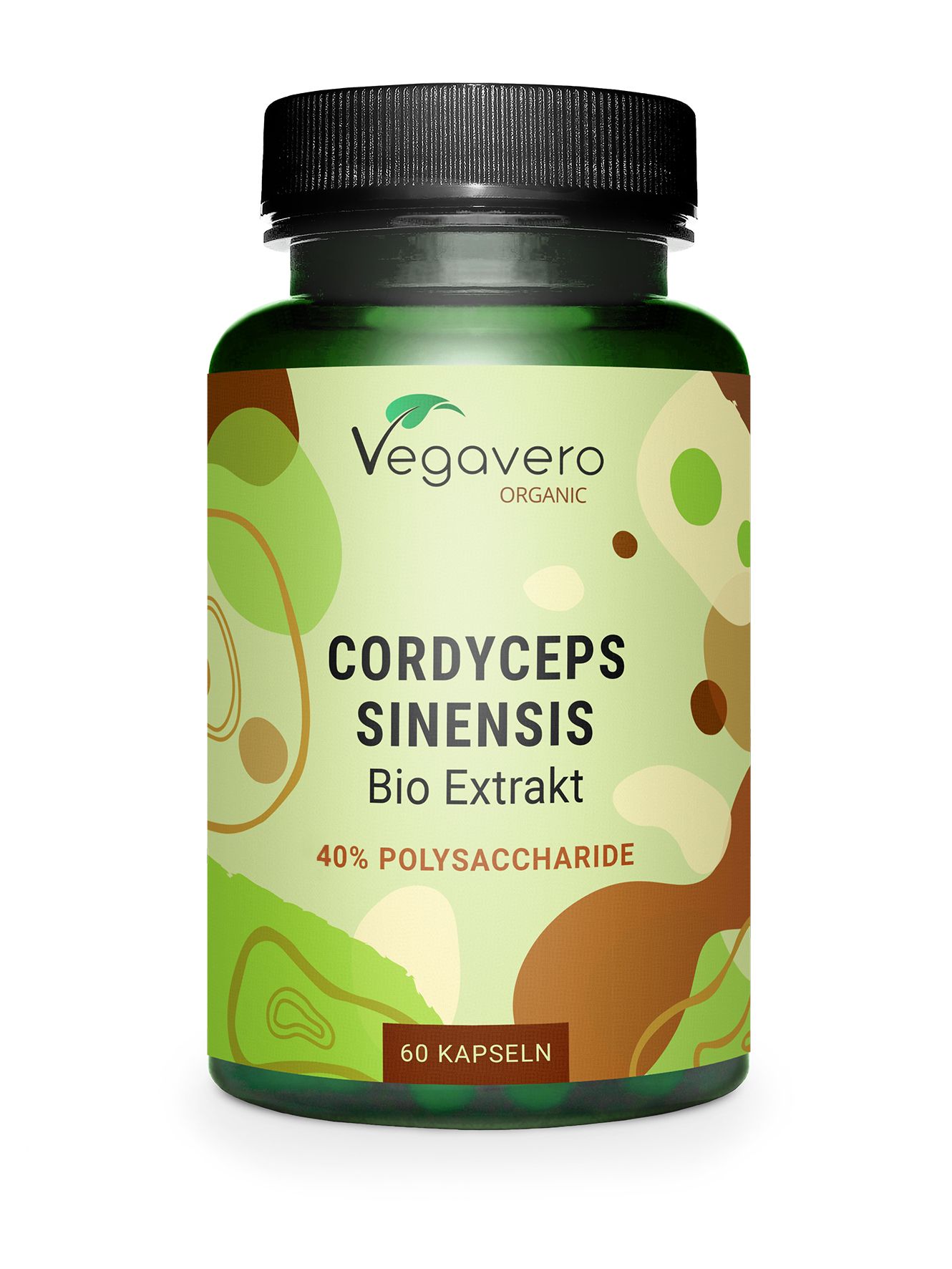 Grüne Flasche mit schwarzen Deckel. Aufschrift: Cordyceps Sinensis Bio Extrakt, 40% Polysaccharide. 60 Kapseln.