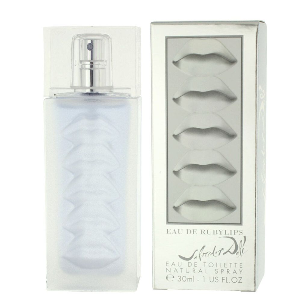 Eau de Rubylips Flakon und Verpackung. Flakon mit Lippen-Design. Verpackung mit Lippen-Motiv und Logo. Silberner Verschluss.