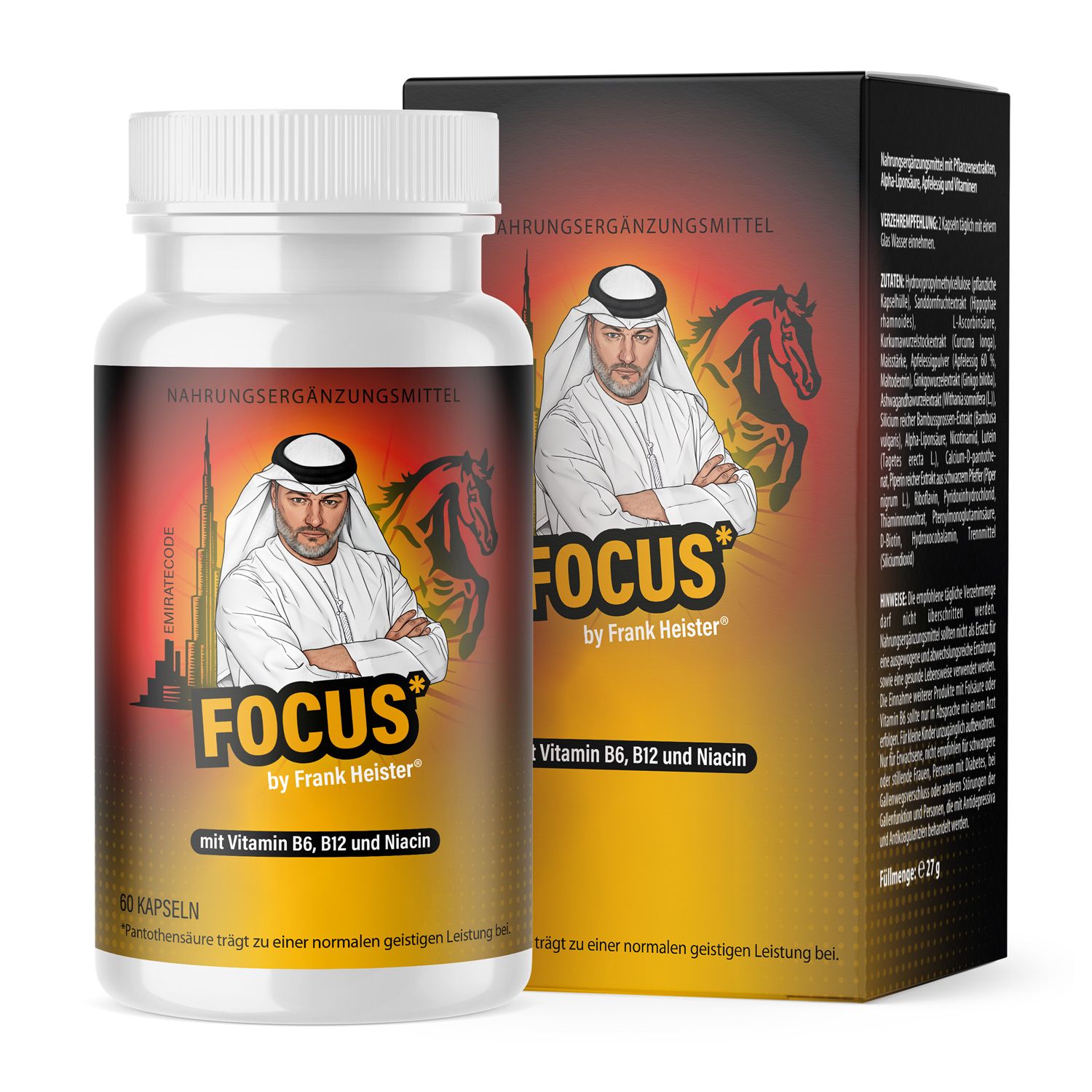 Nahrungsergänzungsmittel FOCUS by Frank Heister Kapseln. Weiße Flasche mit Etikett, Mann im arabischen Gewand. Schwarze Verpackung mit Produktinformationen.