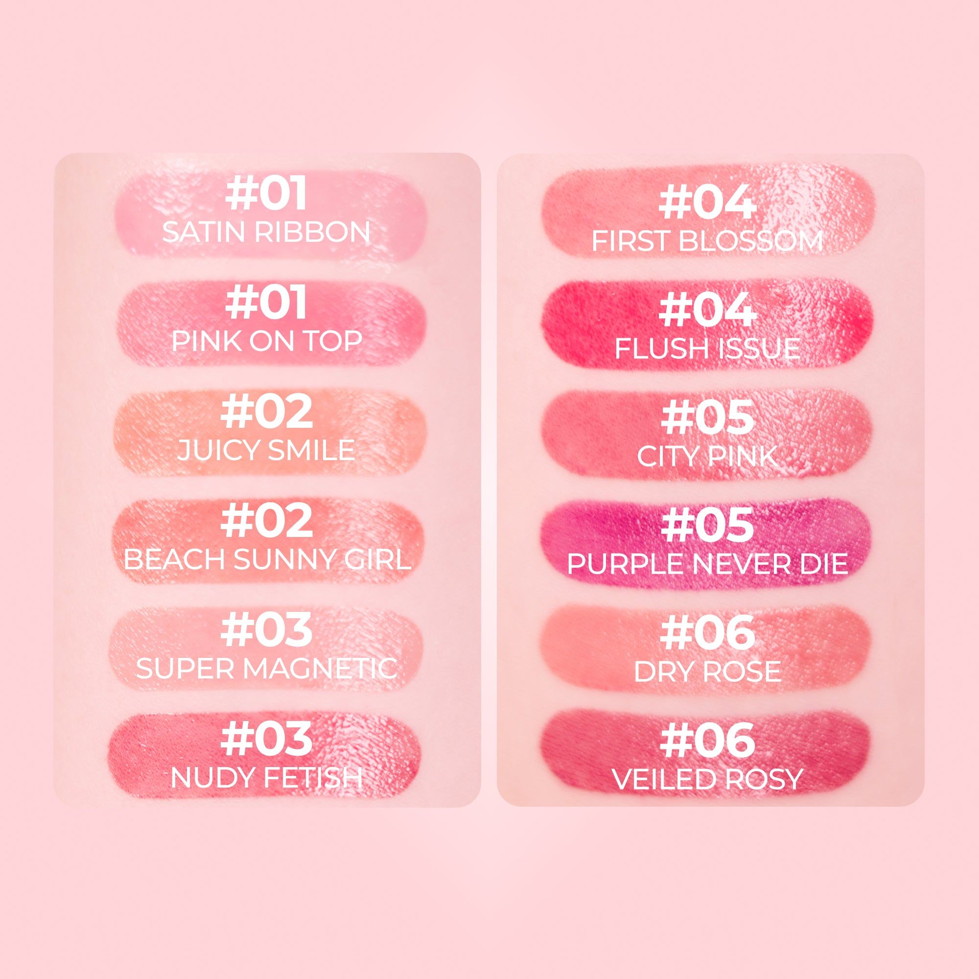 Farbtöne für Lippen- und Wangenfarbe. Es sind verschiedene Farben mit Nummern und Namen zu sehen.