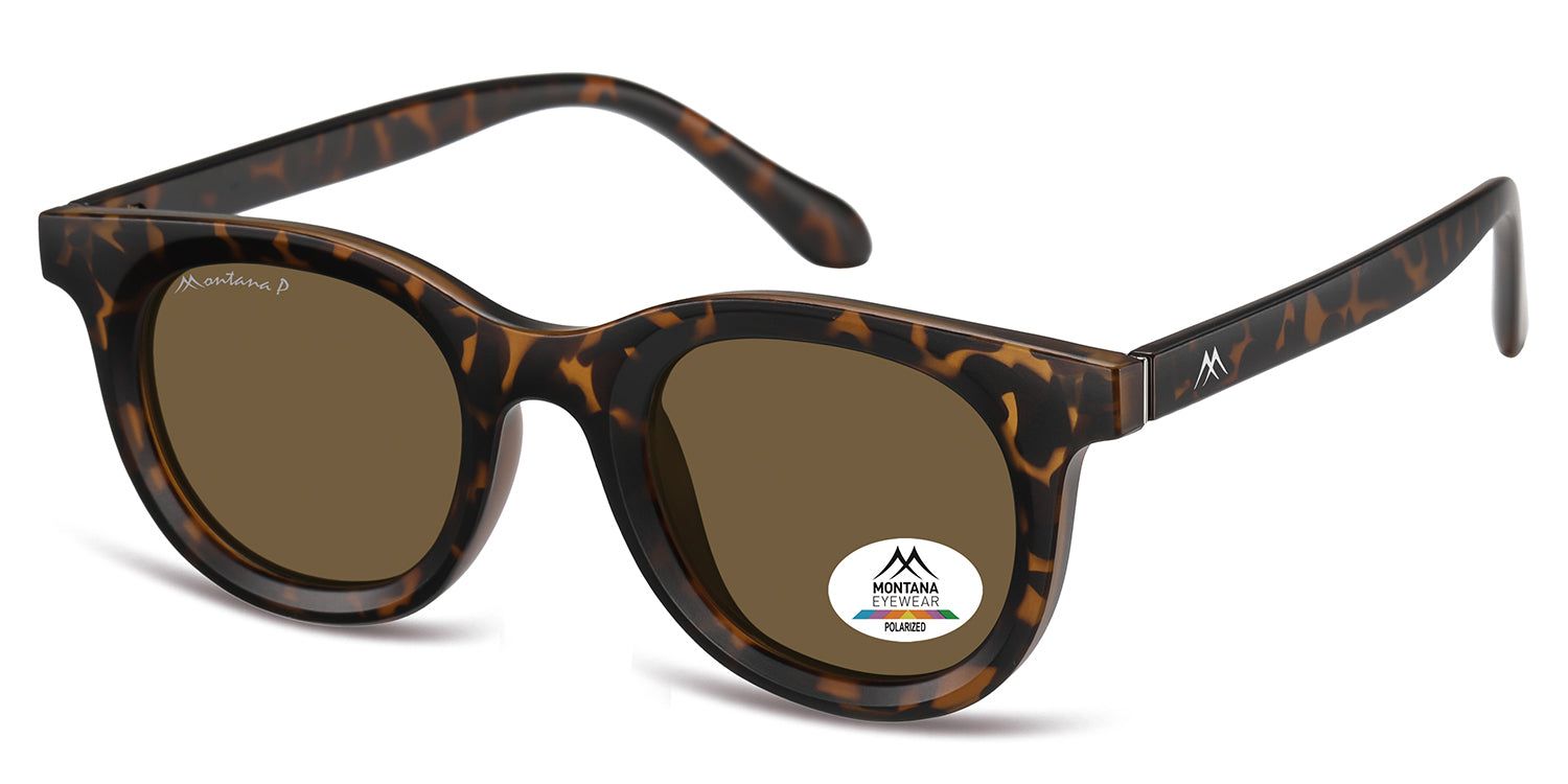 Sonnenbrille mit braunen Gläsern und braunem, gemustertem Rahmen. Logo und Polarisationsaufkleber auf dem Glas.
