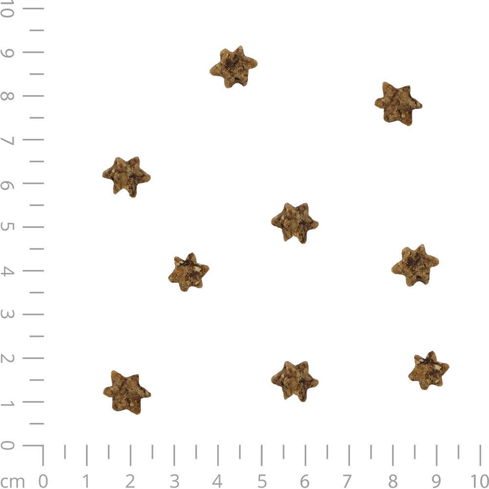 Zehn sternförmige, braune Kroketten auf einem Raster. Getreidefreie Hundesnacks mit Putenleber.