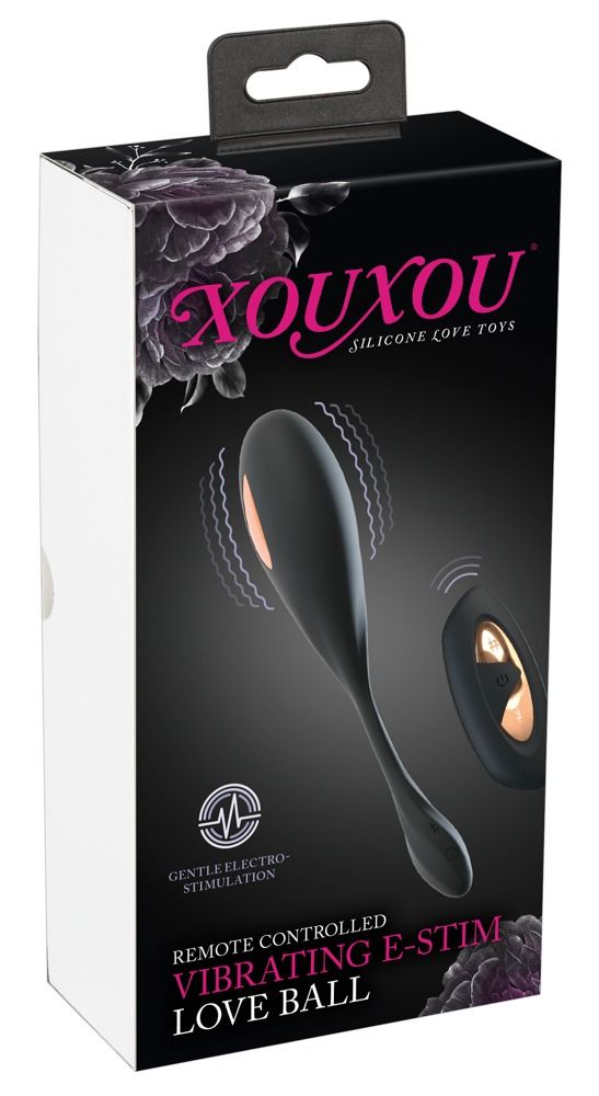 Produktverpackung mit Produktabbildung und Fernbedienung. Text: XOUXOU, Gentle Electro-Stimulation, Vibrating E-Stim Love Ball.