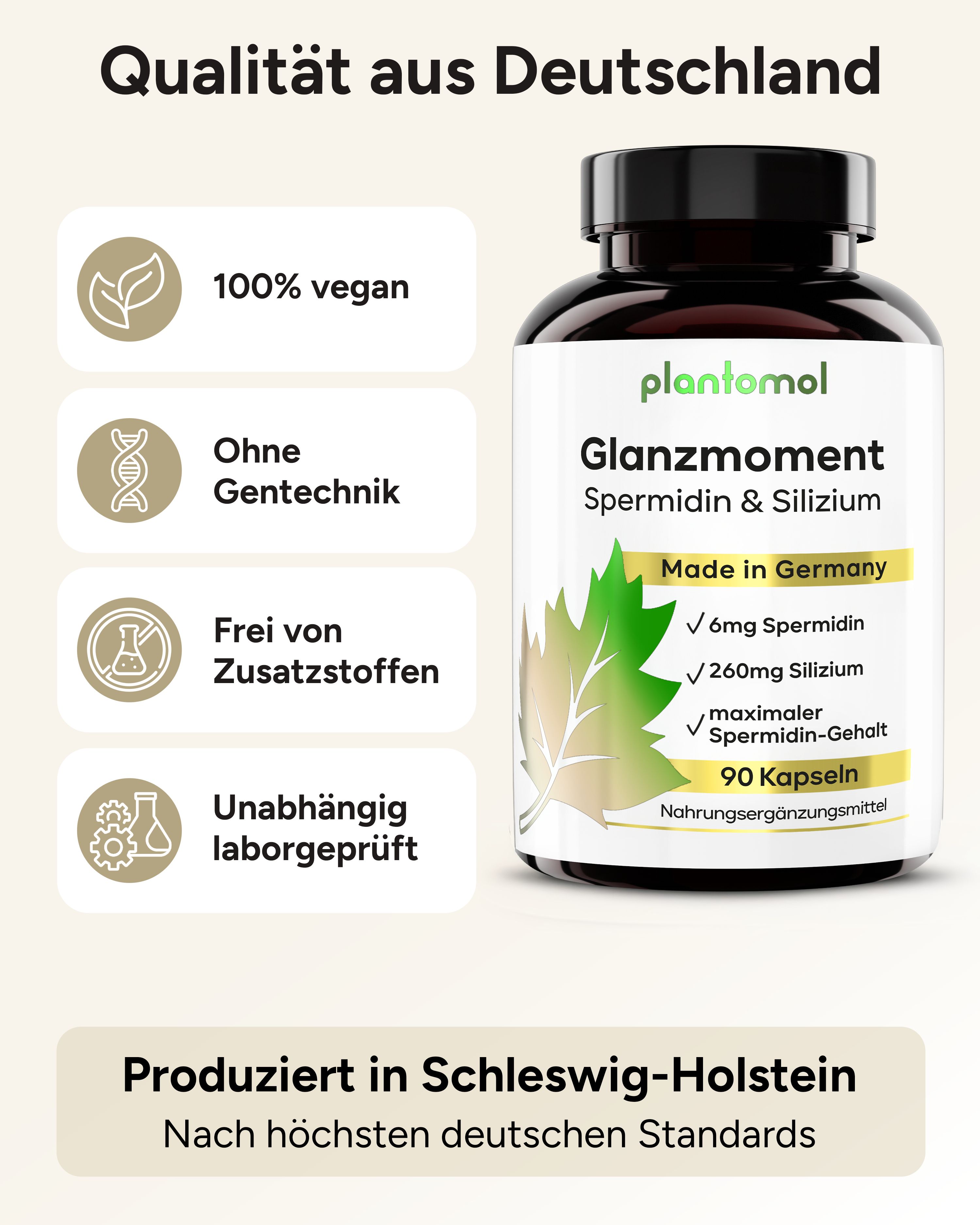 Produktflasche plantomol® Glanzmoment Spermidin & Silizium. 100% vegan, ohne Gentechnik, ohne Zusatzstoffe.