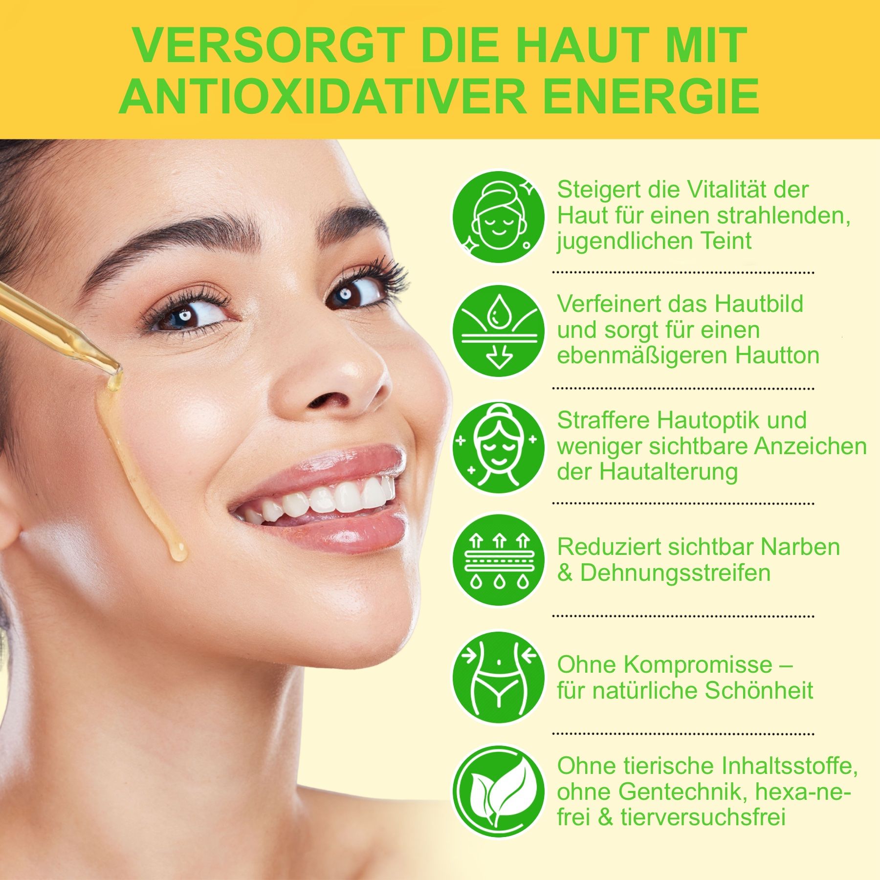 Eine Frau mit Tropfen Vitamin E Öl auf der Haut. Text über Vorteile.