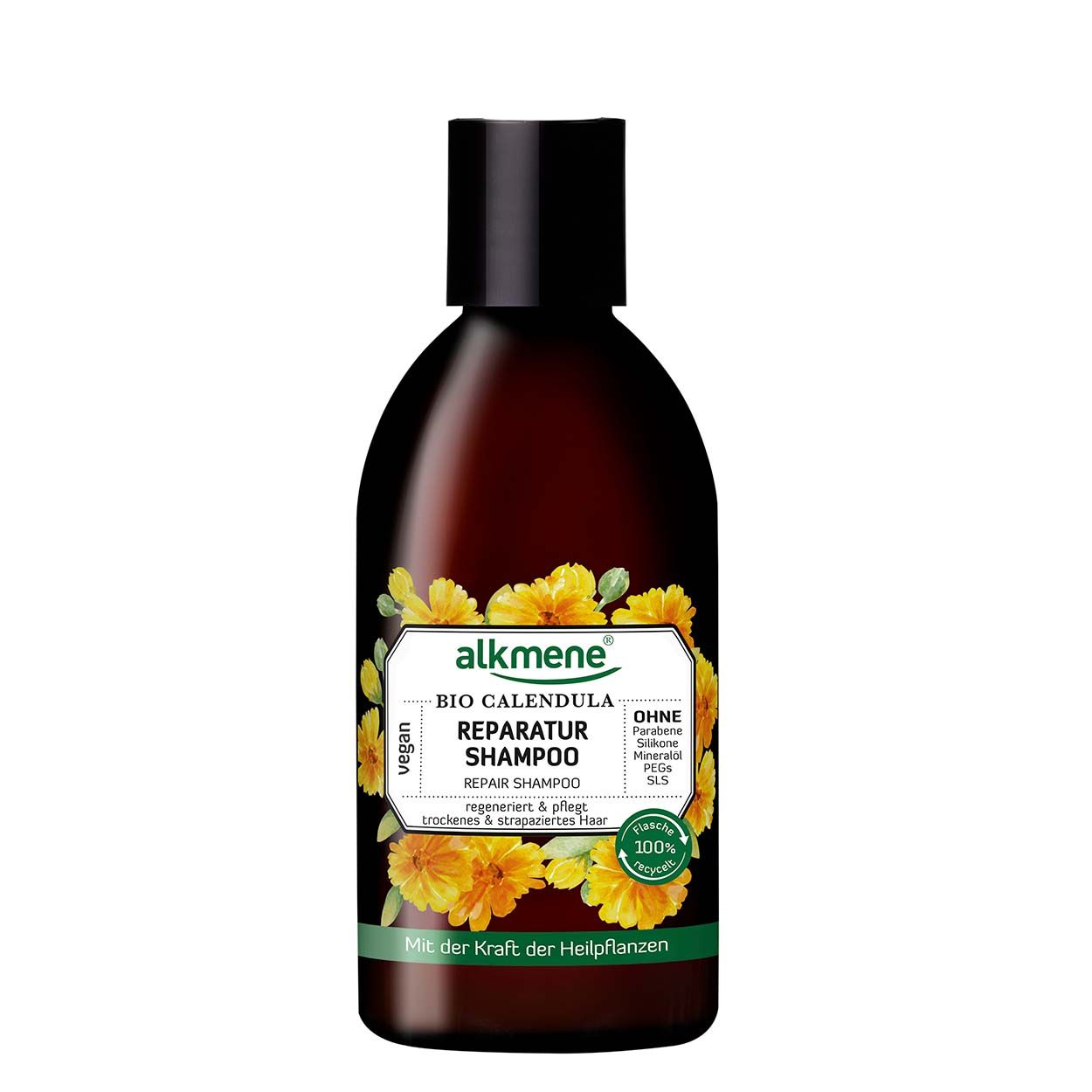 Braune Flasche mit schwarzem Deckel. Aufschrift: BIO CALENDULA REPARATUR SHAMPOO. Mit gelben Blüten und grünen Blättern verziert.