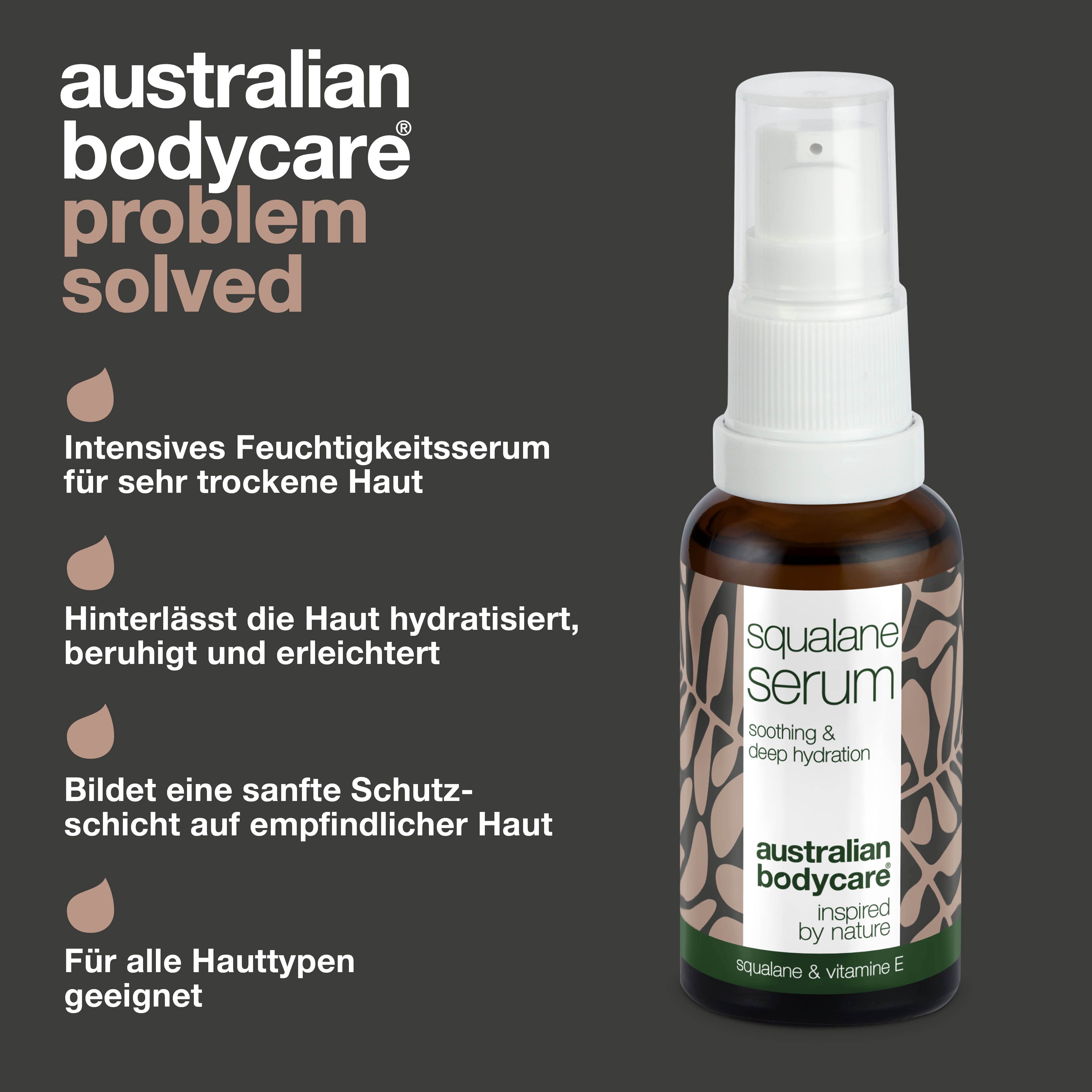 Serumflasche. Text: Intensives Feuchtigkeitsserum, hydratisiert, beruhigt, sanfte Schutzschicht. Australian Bodycare.