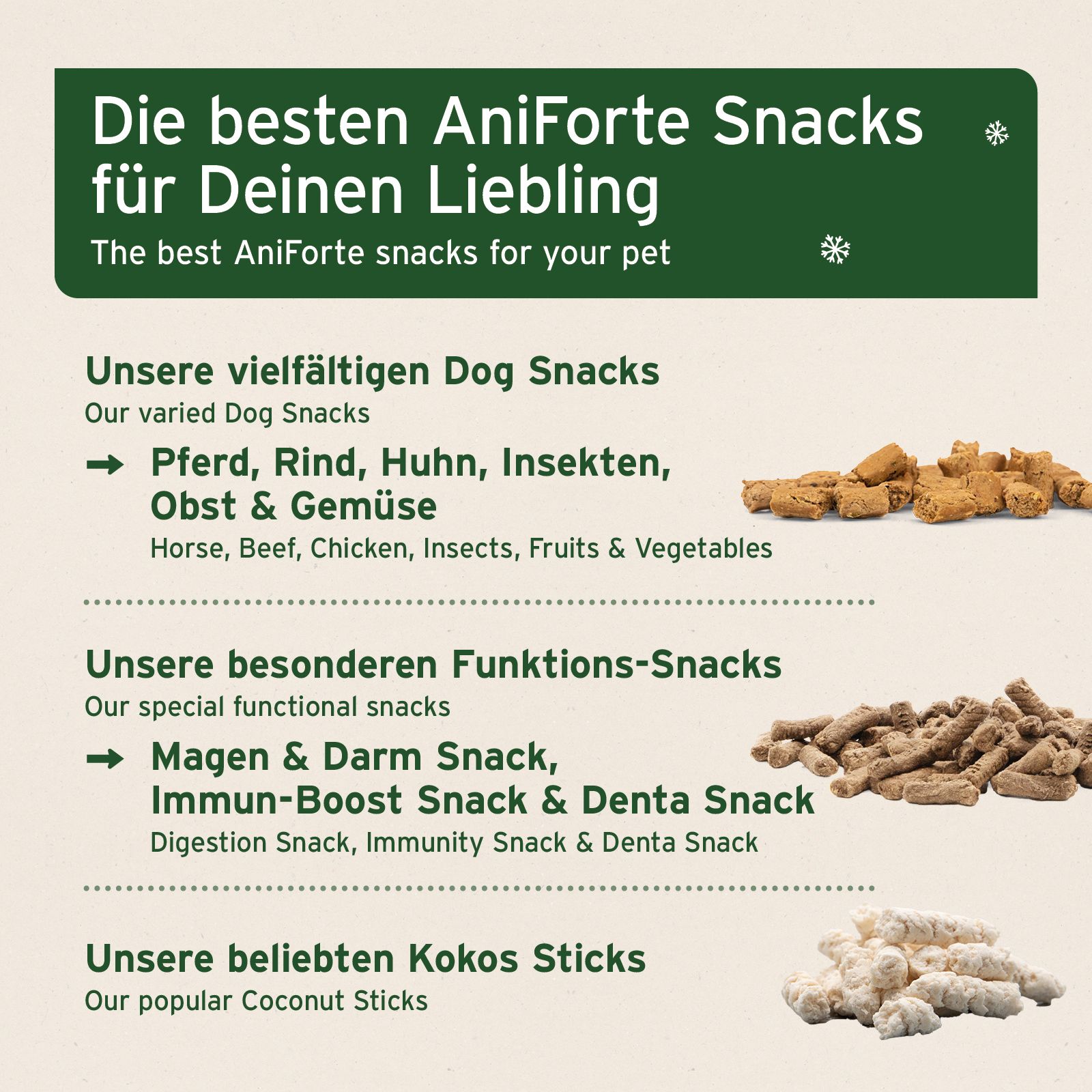 AniForte Snacks für Hunde: Vielfältige Sorten wie Pferd, Rind, Huhn, Insekten, Obst & Gemüse.