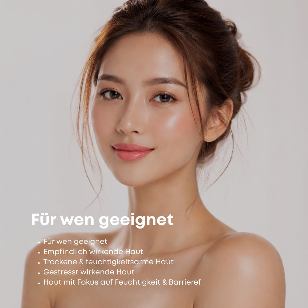 Frau mit Haut. Text: Für wen geeignet. Für trockene & empfindliche Haut. Haut mit Fokus auf Feuchtigkeit & Barriere.