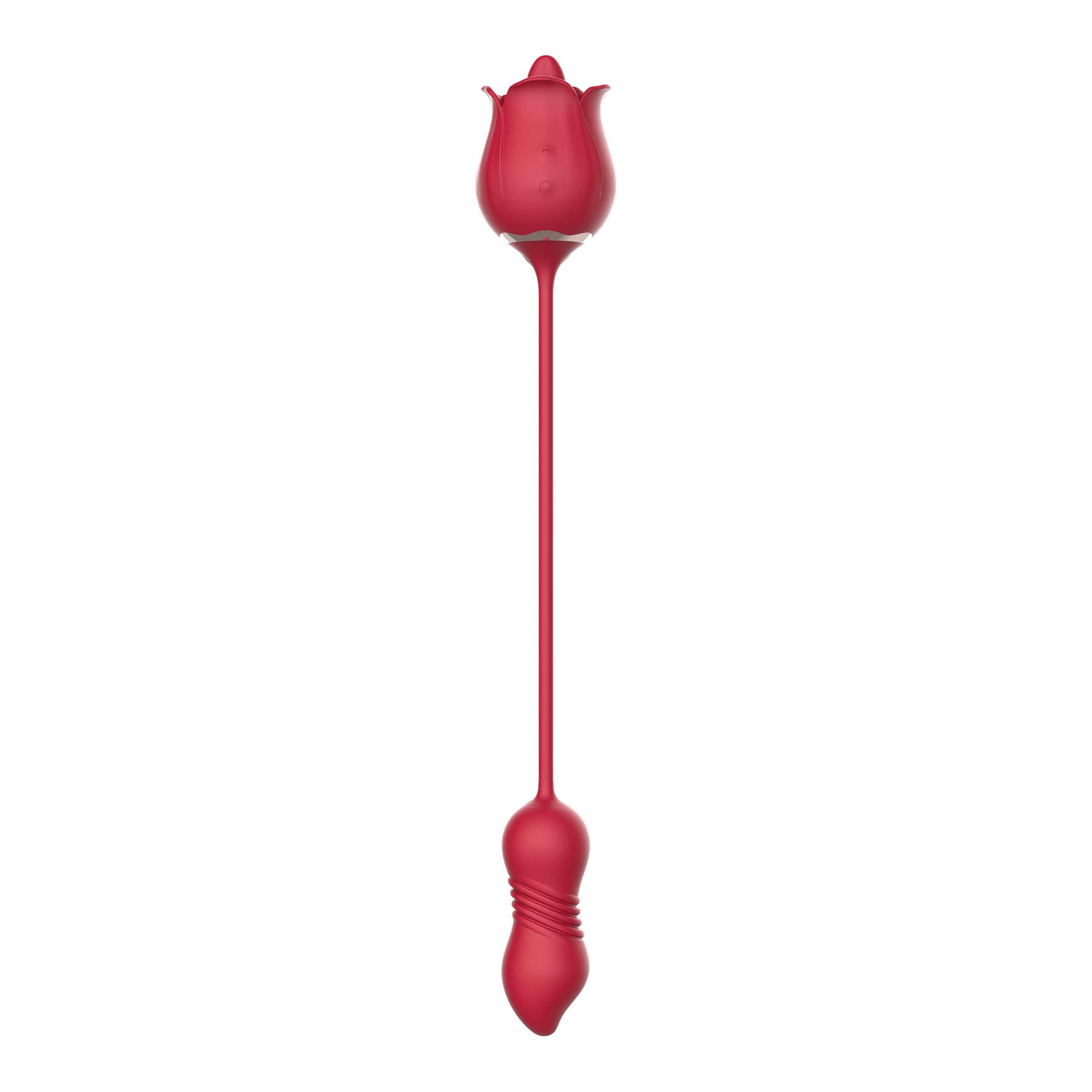 Roter Vibrator in Rosenform. Besteht aus einem Blütenkopf, einem Stiel und einem geriffelten Ende.