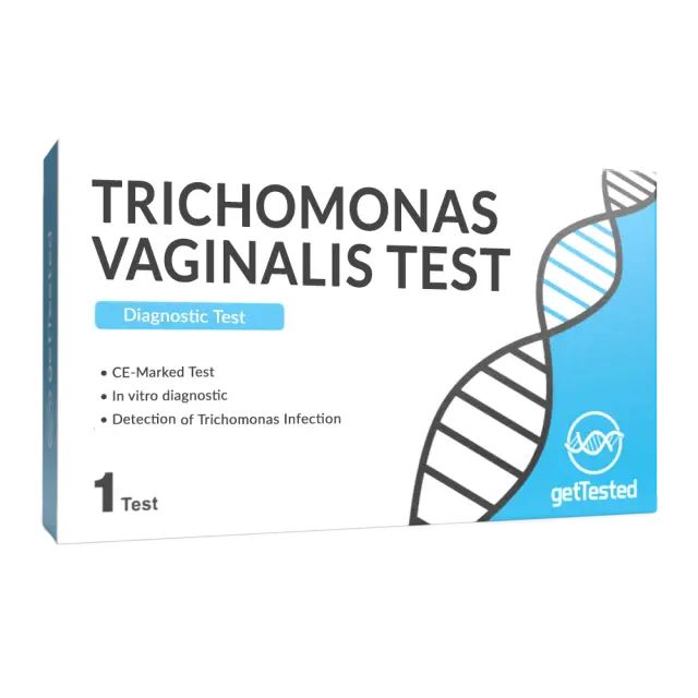 Verpackung für einen Trichomonas-vaginalis-Test. Aufschrift: Trichomonas Vaginalis Test, Diagnostic Test, CE-Marked Test, 1 Test, getTested.