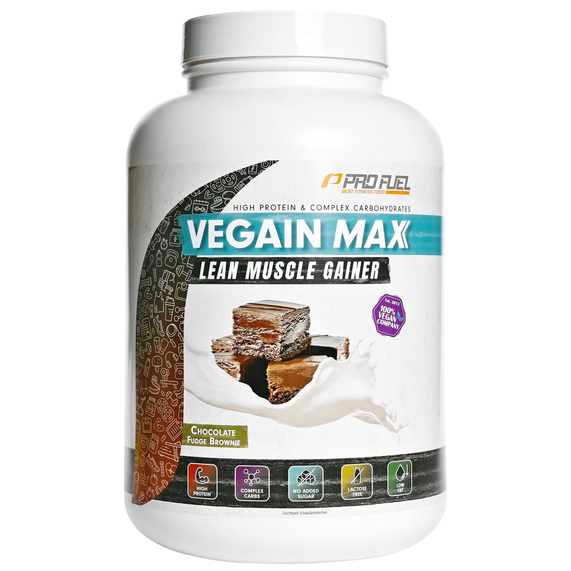 Weiße Dose mit Produktnamen und Abbildung. Text: VEGAIN MAX Lean Muscle Gainer. Geschmack: Chocolate Fudge Brownie. Logos: vegan, ohne Zucker, etc.