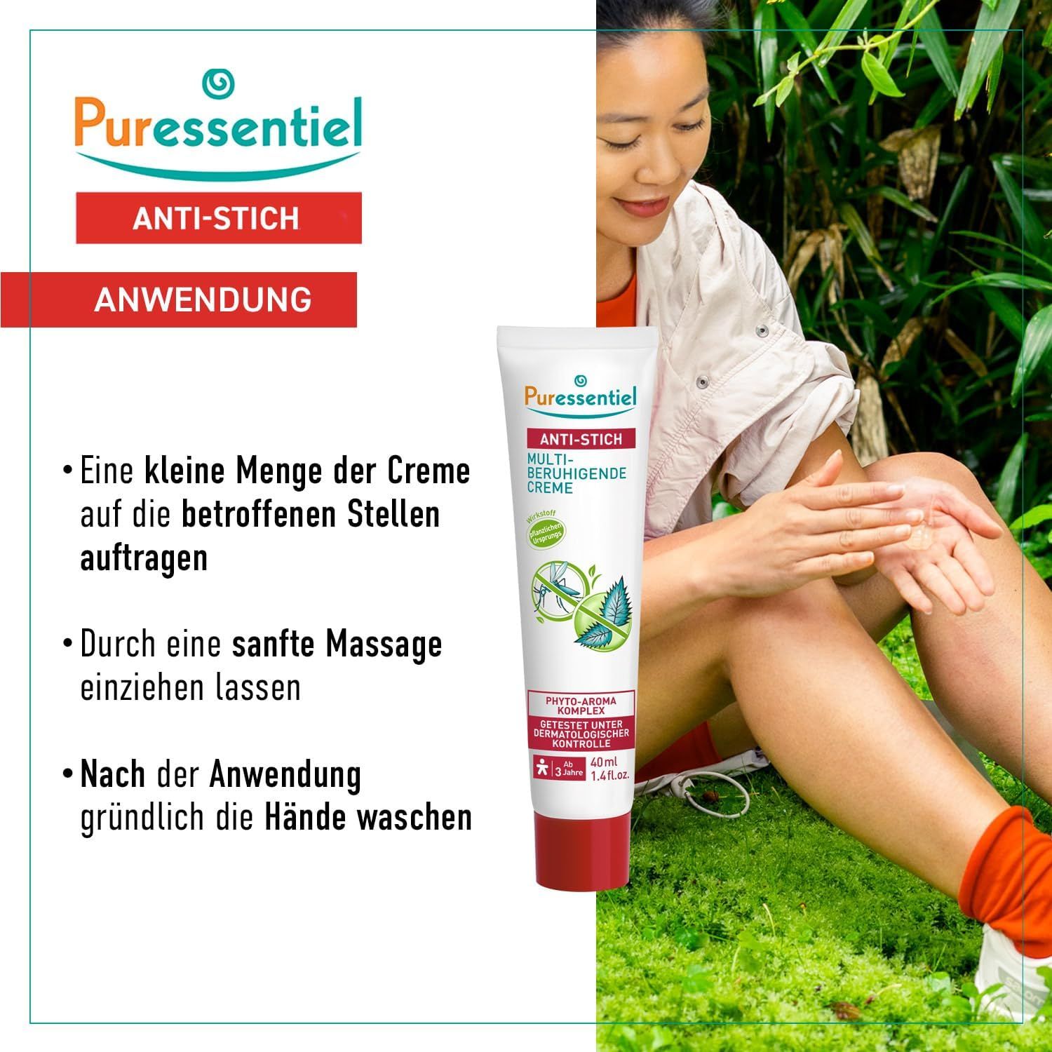 Frau mit Creme-Tube. Aufschrift: Anti-Stich, Multi-beruhigende Creme. Logo: Ab 3 Jahre. Anwendungshinweise.