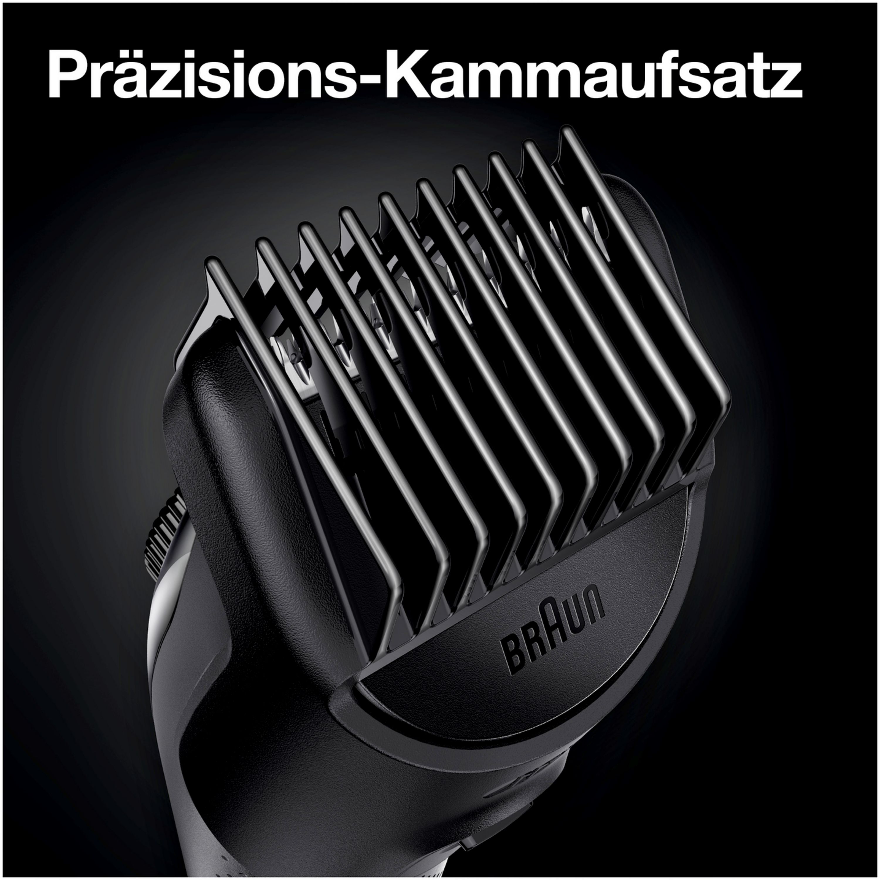 Nahaufnahme eines schwarzen Barttrimmer-Aufsatzes mit dem Schriftzug Braun. Text: Präzisions-Kammaufsatz.