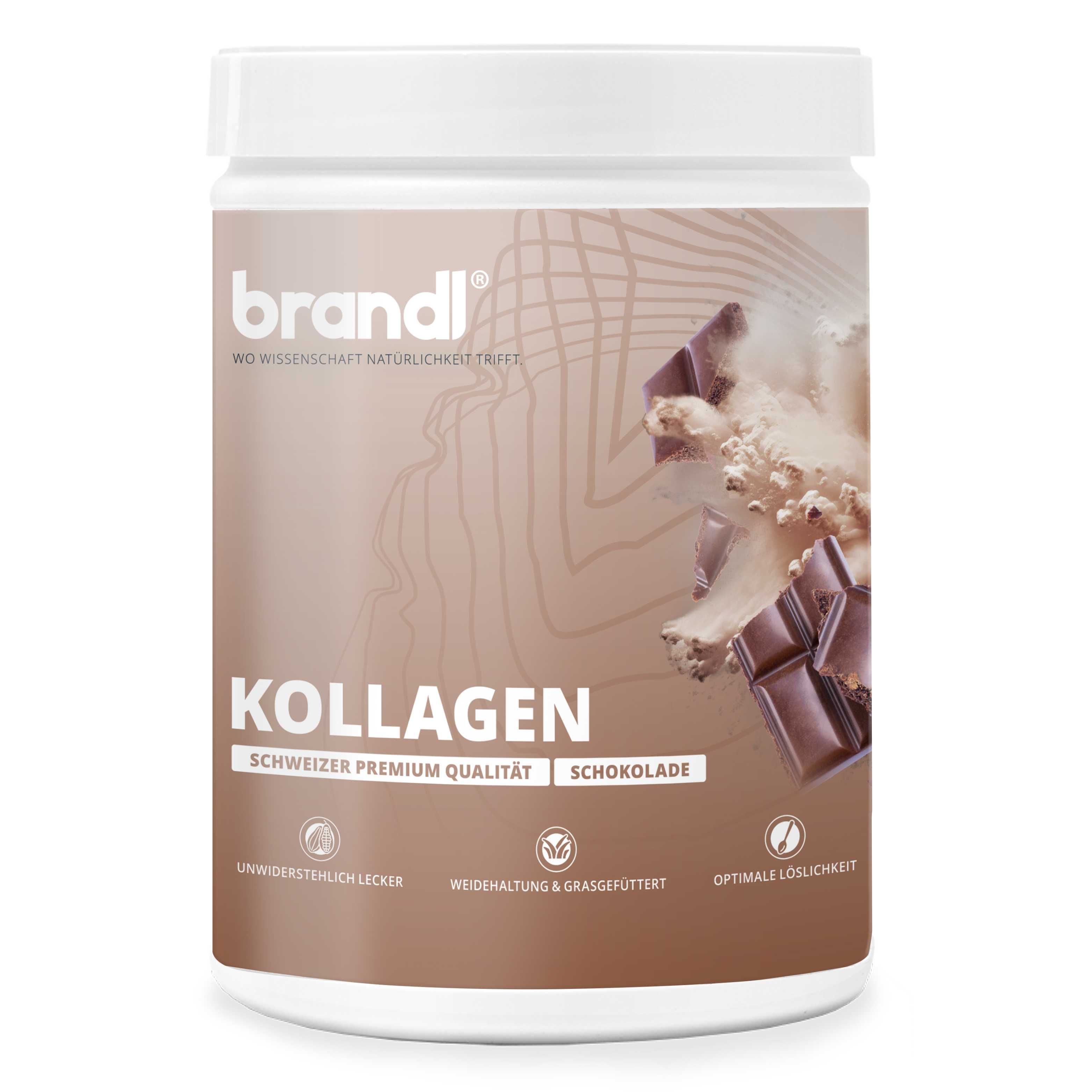 Weißes Produktglas mit braunem Etikett. Aufschrift: brandl, Kollagen, Schokolade. Abbildung von Schokoladenstückchen.