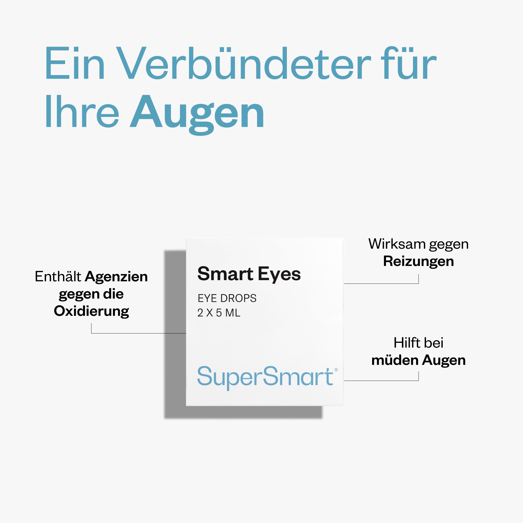 Grafik mit Smart Eyes Augentropfen-Verpackung. Text: Hilft bei müden Augen, wirksam gegen Reizungen. Enthält Agens gegen Oxidation.