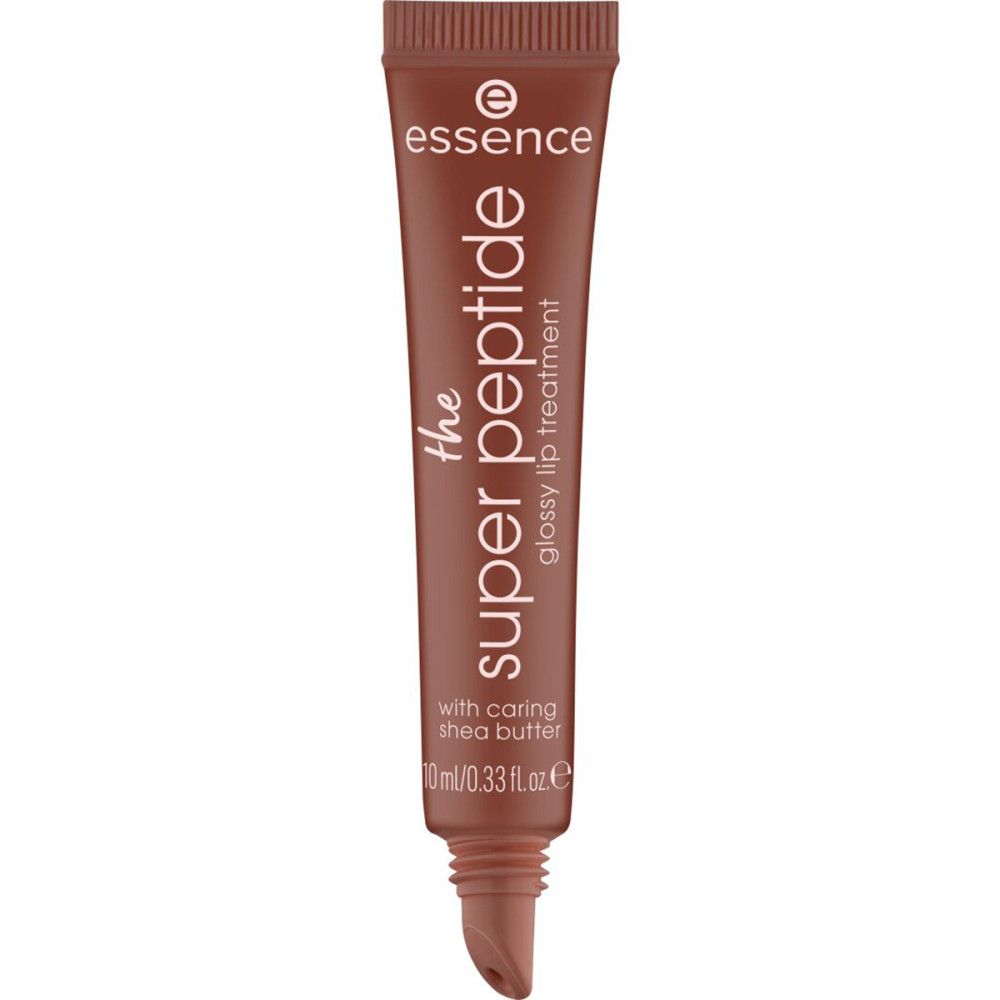 Braune Tube mit Schriftzug "Essence the super peptide glossy lip treatment". Enthält Sheabutter. Applikator sichtbar.