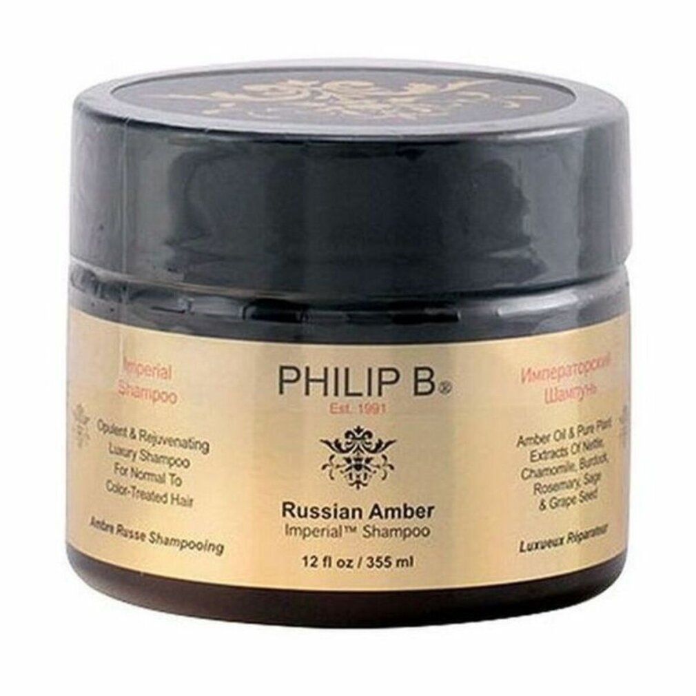 Philip B Russian Amber Imperial Shampoo, 355 ml, in braunem Glasbehälter mit schwarzem Deckel und goldfarbenem Etikett.