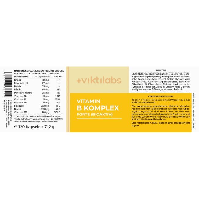 Rückseite der Verpackung Viktilabs Vitamin B Komplex Forte mit Zutatenliste und Nährwertangaben.