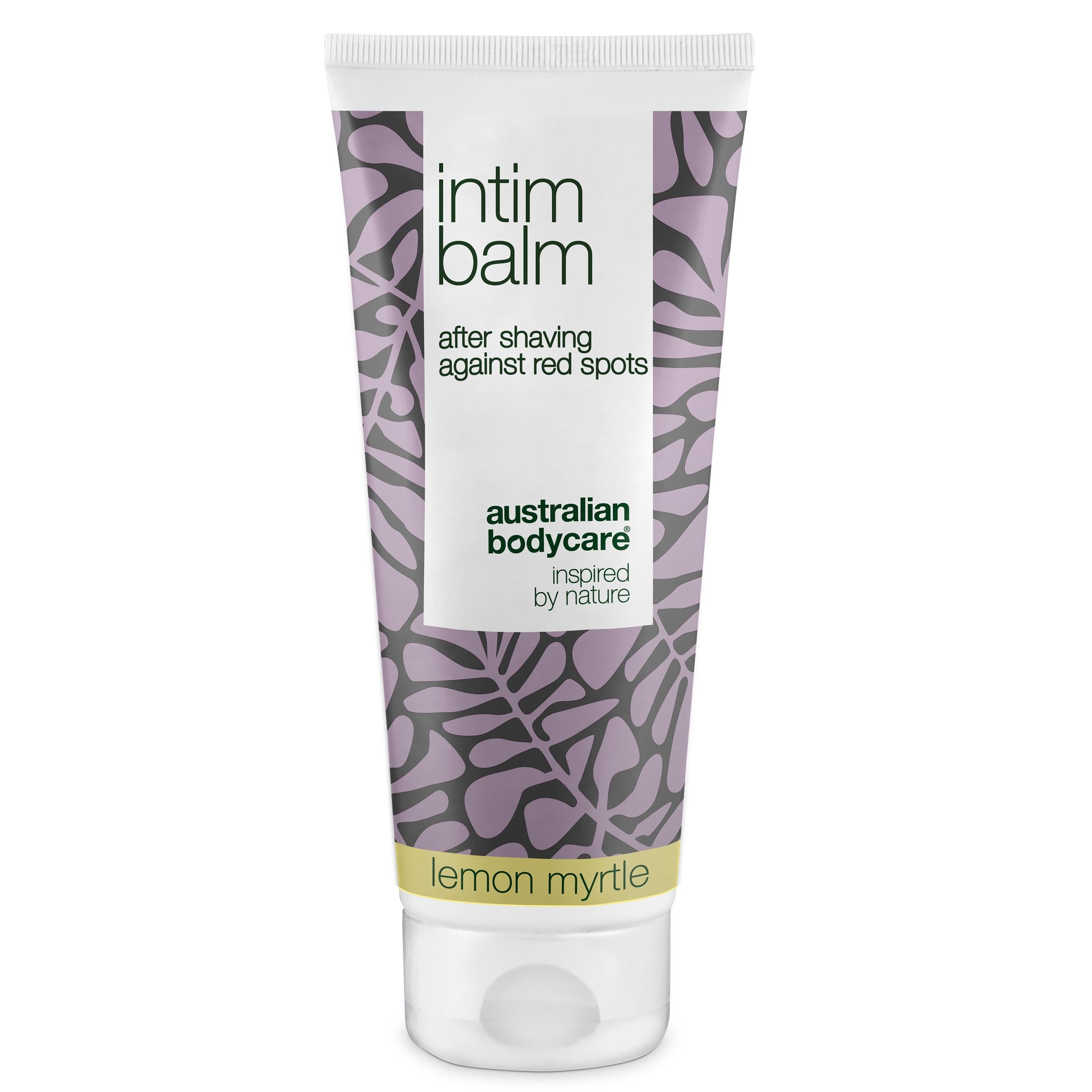 Tubo di balsamo intimo. Motivo floreale lilla. Scritta "intimbalsam". Marchio: Australian Bodycare.