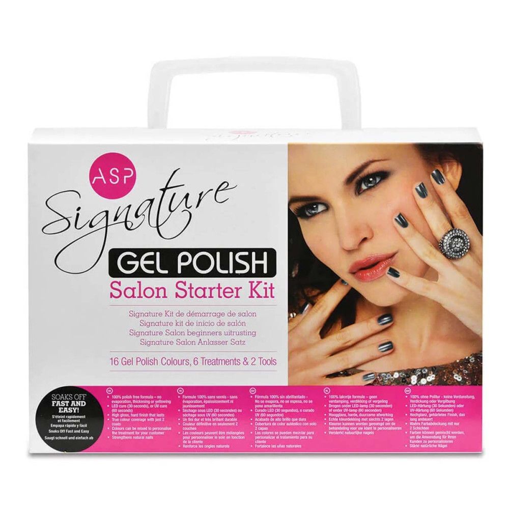 ASP Signature Gel-Lack Salon Starter Kit. Weißer Karton mit Tragegriff. Frau mit lackierten Nägeln. Produktinformationen und Logo.