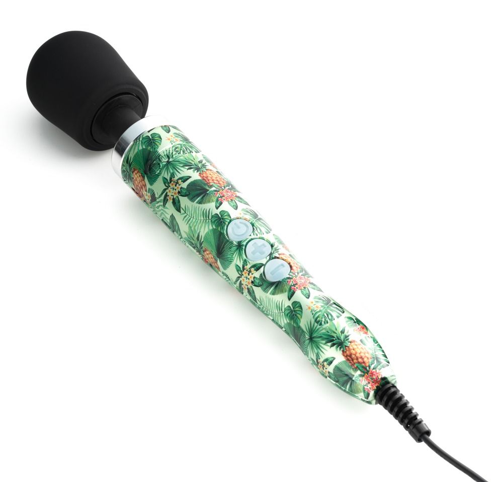 Vibrator mit Ananas-Muster. Schwarzer Kopf, grüner Schaft mit Knöpfen. Kabelanschluss.