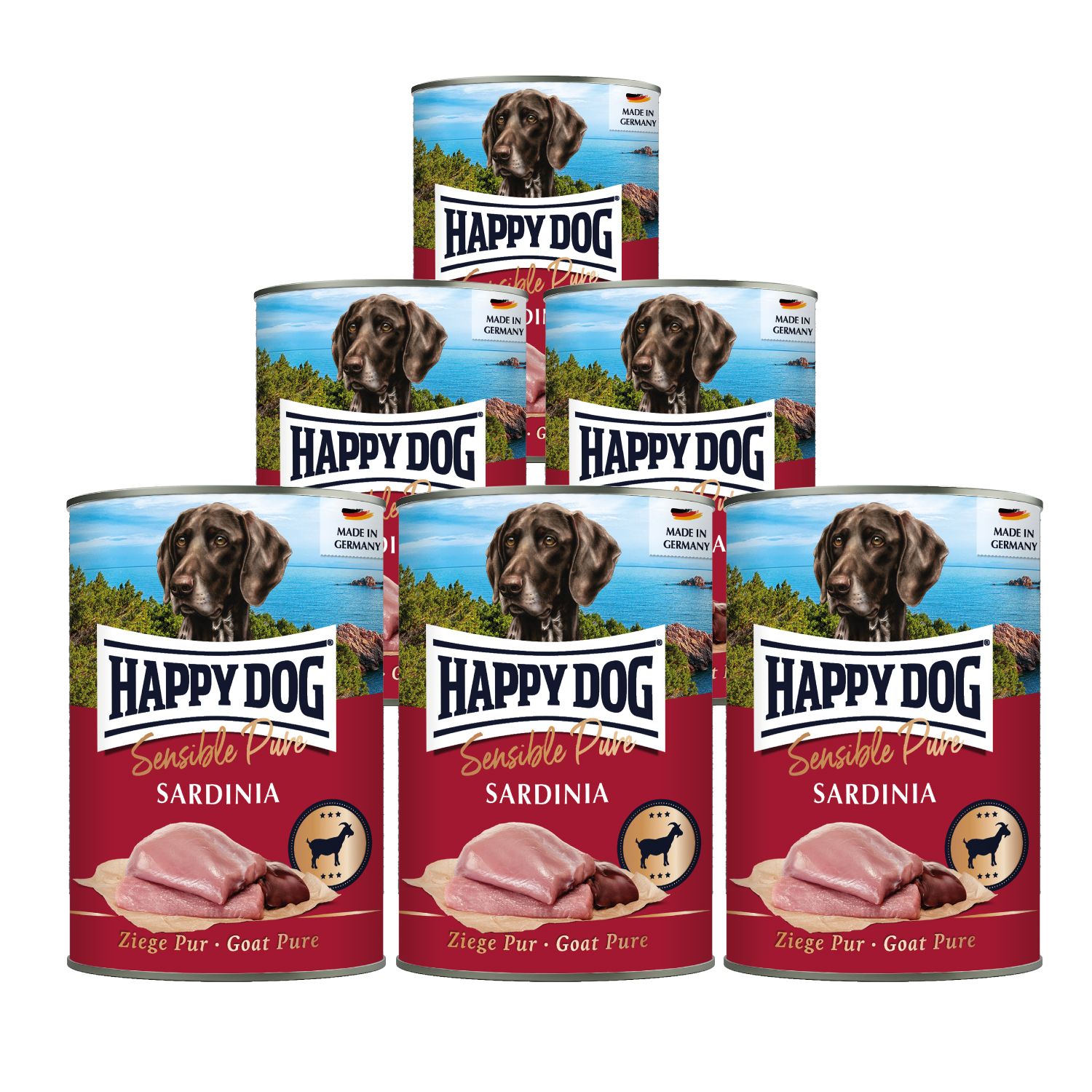 Dosen mit Hundefutter. Aufschrift: Happy Dog Sensible Pure Sardinia. Abbildung eines Hundes und Produktbeispiele.