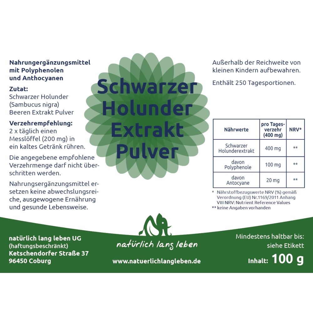 Etikett mit Produktinformationen. Schwarzer Holunder Extrakt Pulver. Nährwerttabelle. Text in deutscher Sprache. Grünes Logo.