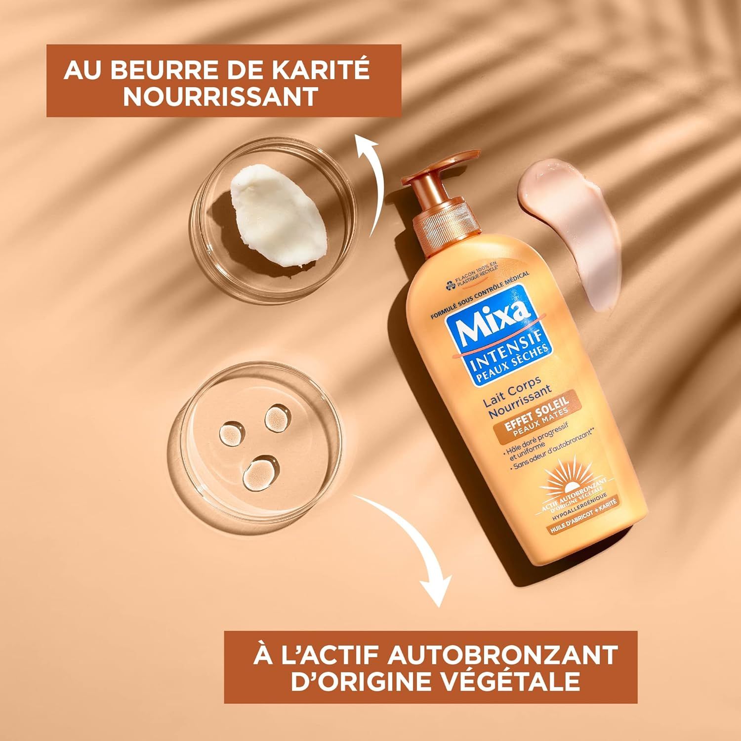 Gelbe Flasche mit Pumpe, Produktprobe und Inhaltsstoffen. Text: MIXA Intensiv, Peaux Seches, Lait Corps Nourrissant, Effet Soleil Peaux Mates. Mit Sheabutter.