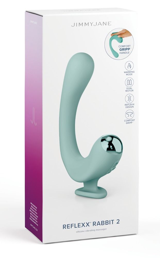 Verpackung von JimmyJane Reflexx Rabbit 2. Türkisfarbener Vibrator abgebildet. Text: Reflexx Rabbit 2.