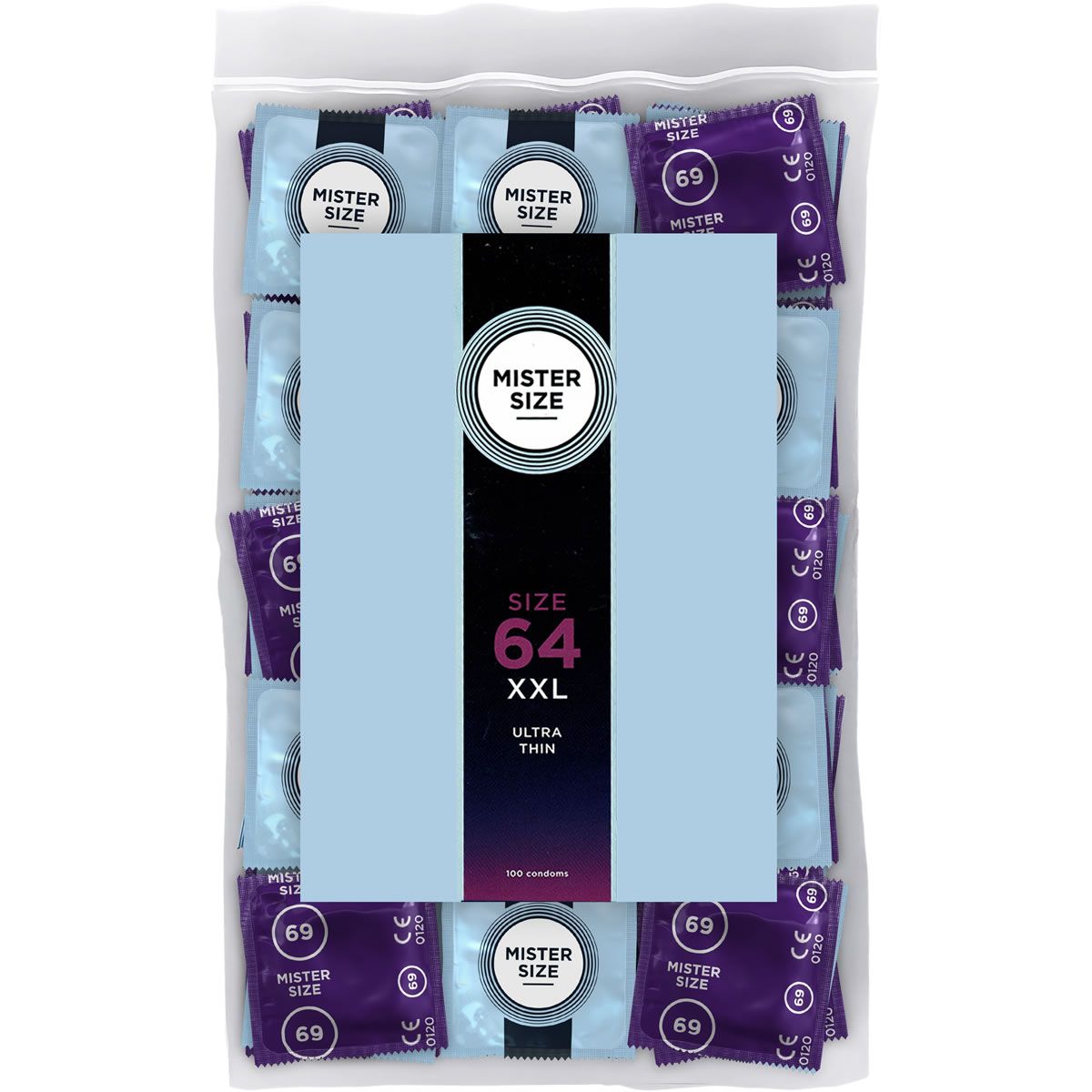 Packung mit 100 Mister Size 64 XXL Ultra Thin Kondomen.
