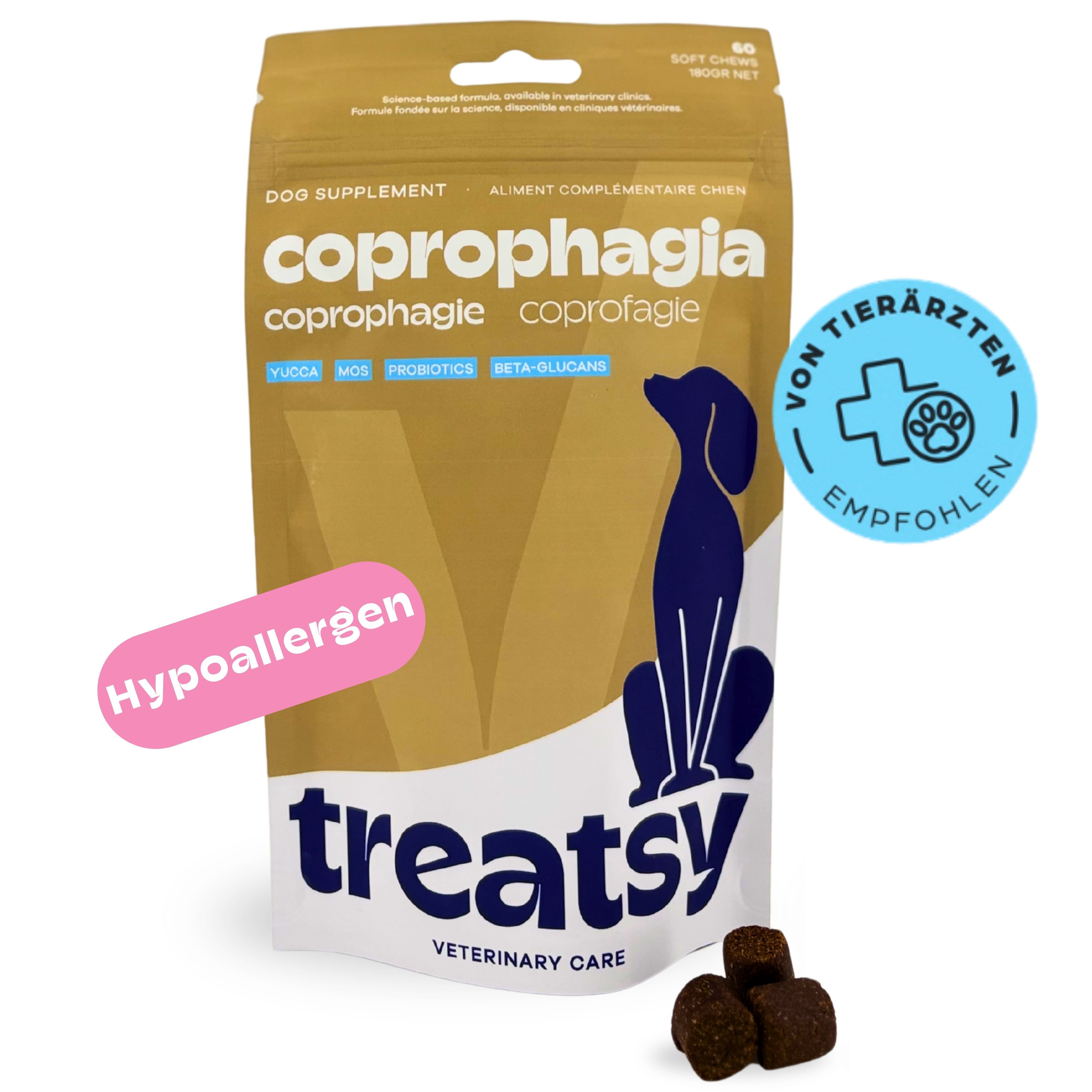 Beutel mit Ergänzungsfuttermittel. Aufschrift: Coprophagia. Marke: Treatsy. Mit 'Von Tierärzten empfohlen'.