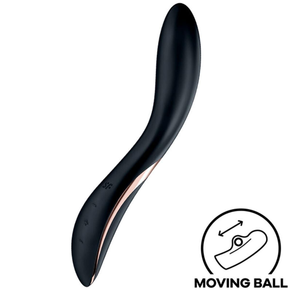 Schwarzer, geschwungener Vibrator mit roségoldfarbenen Akzenten. Symbol: beweglicher Ball.