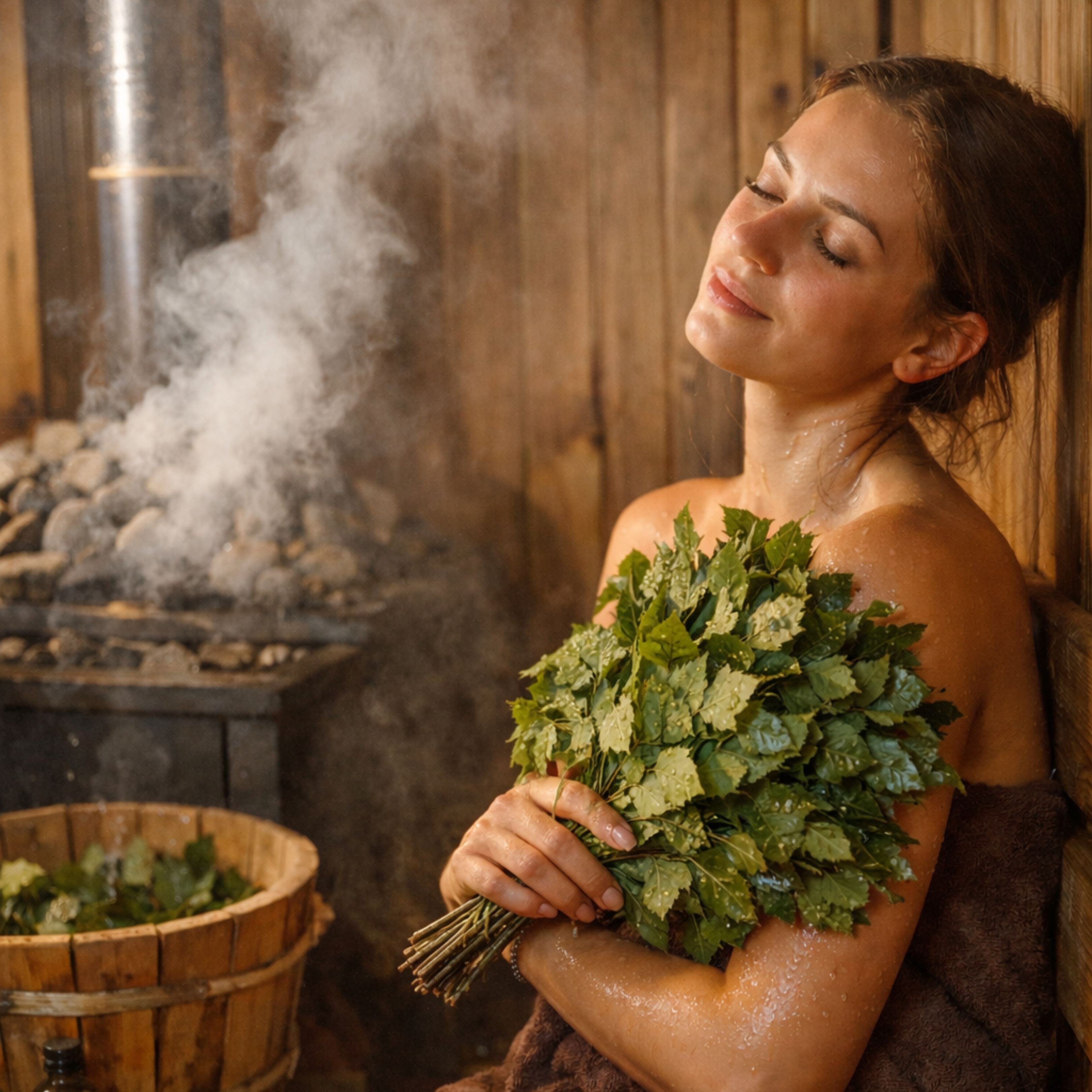 Frau in Sauna mit Birkenquaste. Holzverkleidung, Dampf. Frau hält Birkenzweige. Entspannte Pose.