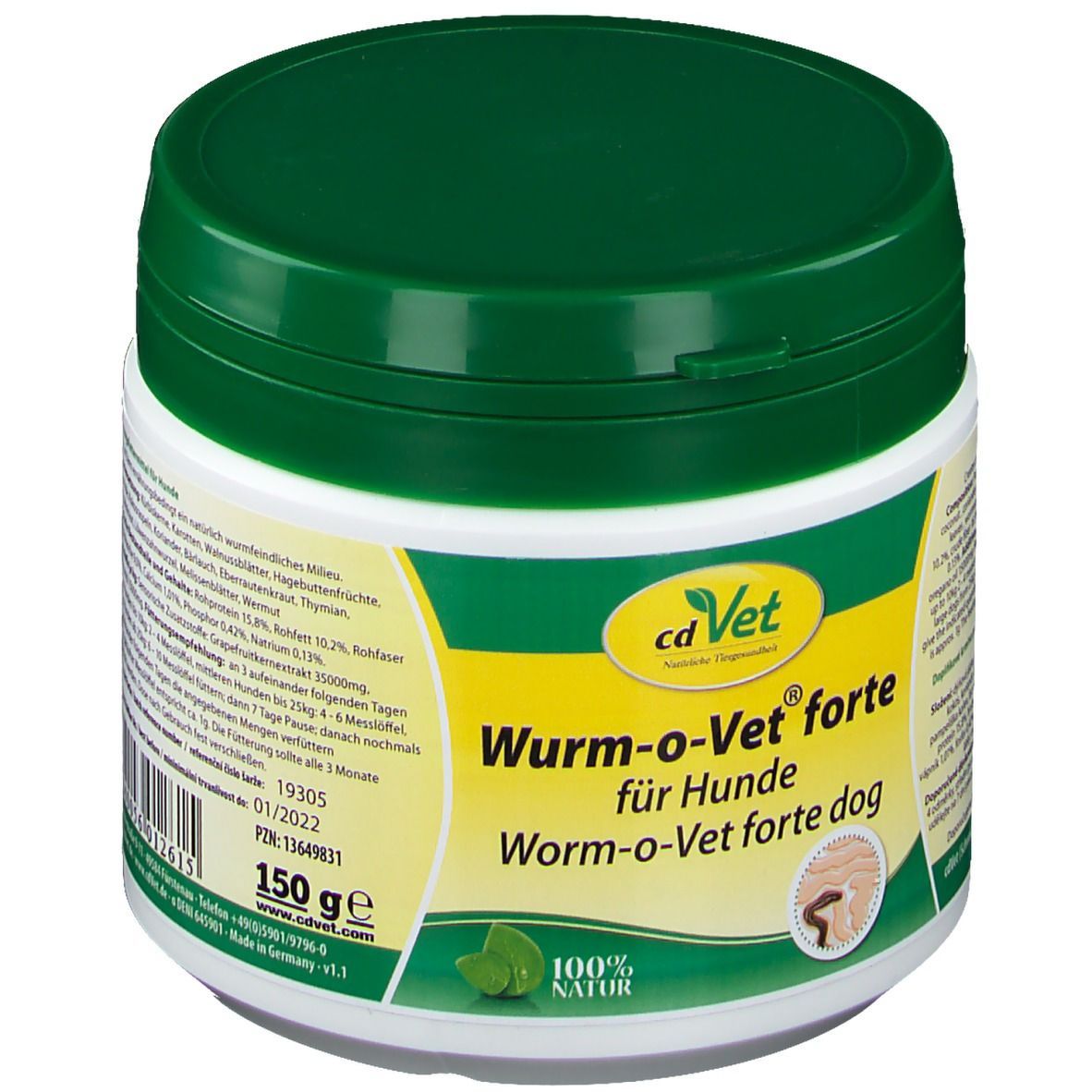 Weißes, zylindrisches Gefäß mit grünem Deckel. Aufschrift: cd Vet Wurm-o-Vet® forte für Hunde. 150g. Etikett mit Inhaltsstoffen.