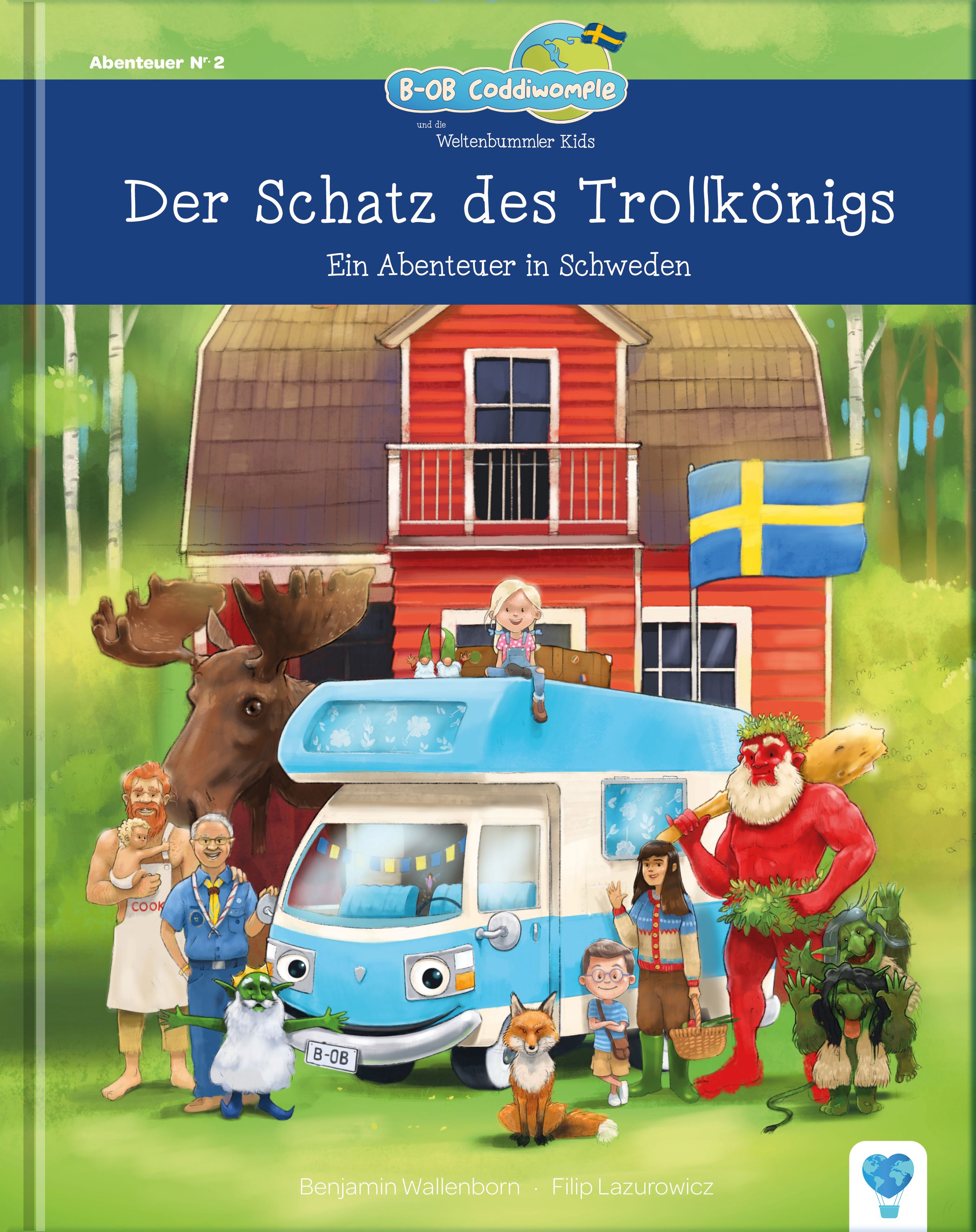 Buchcover: "Der Schatz des Trollkönigs". Illustration mit Wohnmobil, Figuren und schwedischer Flagge. Titel in Blau.