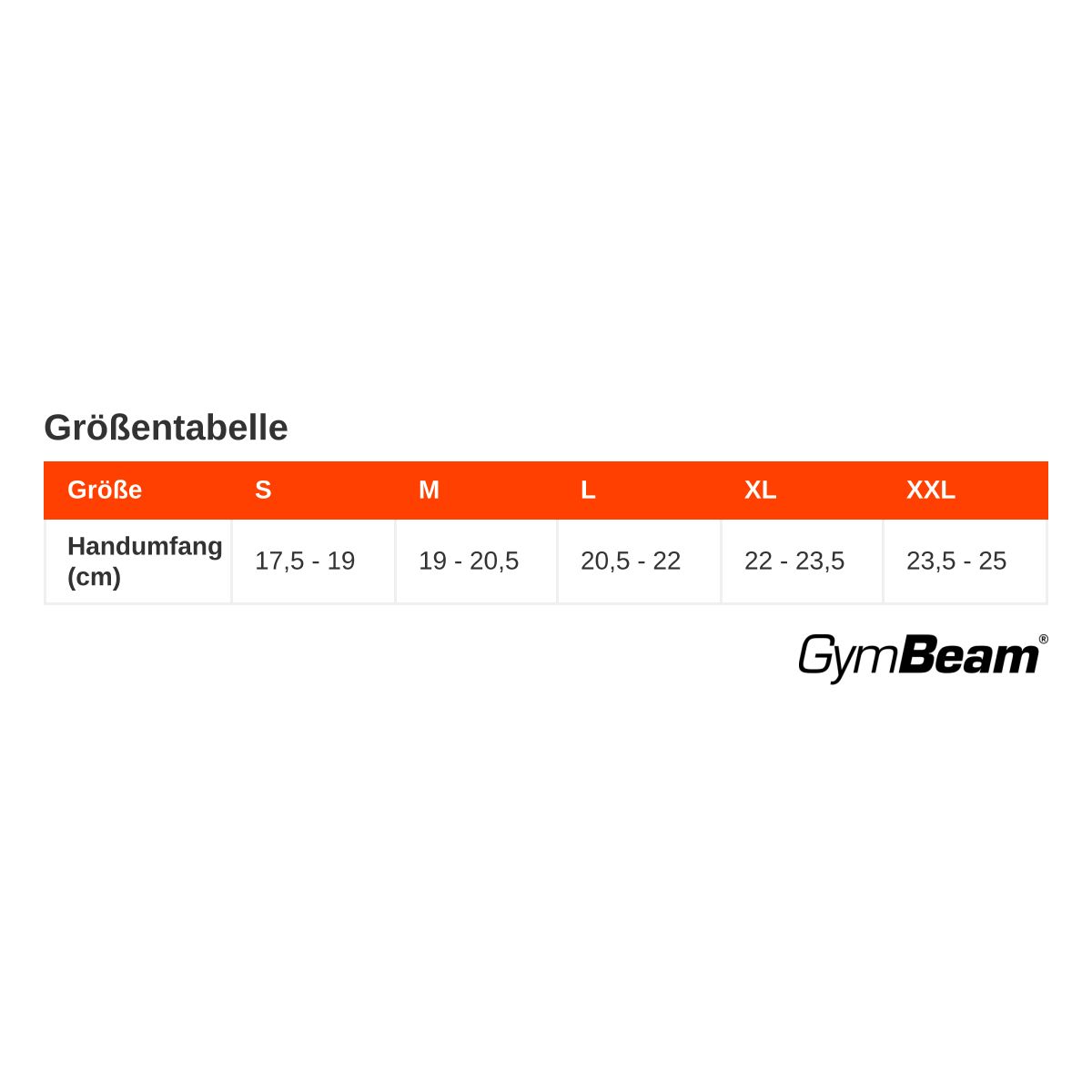 Größentabelle für Fitnesshandschuhe: Handumfang in cm für Größen S bis XXL. Marke GymBeam.