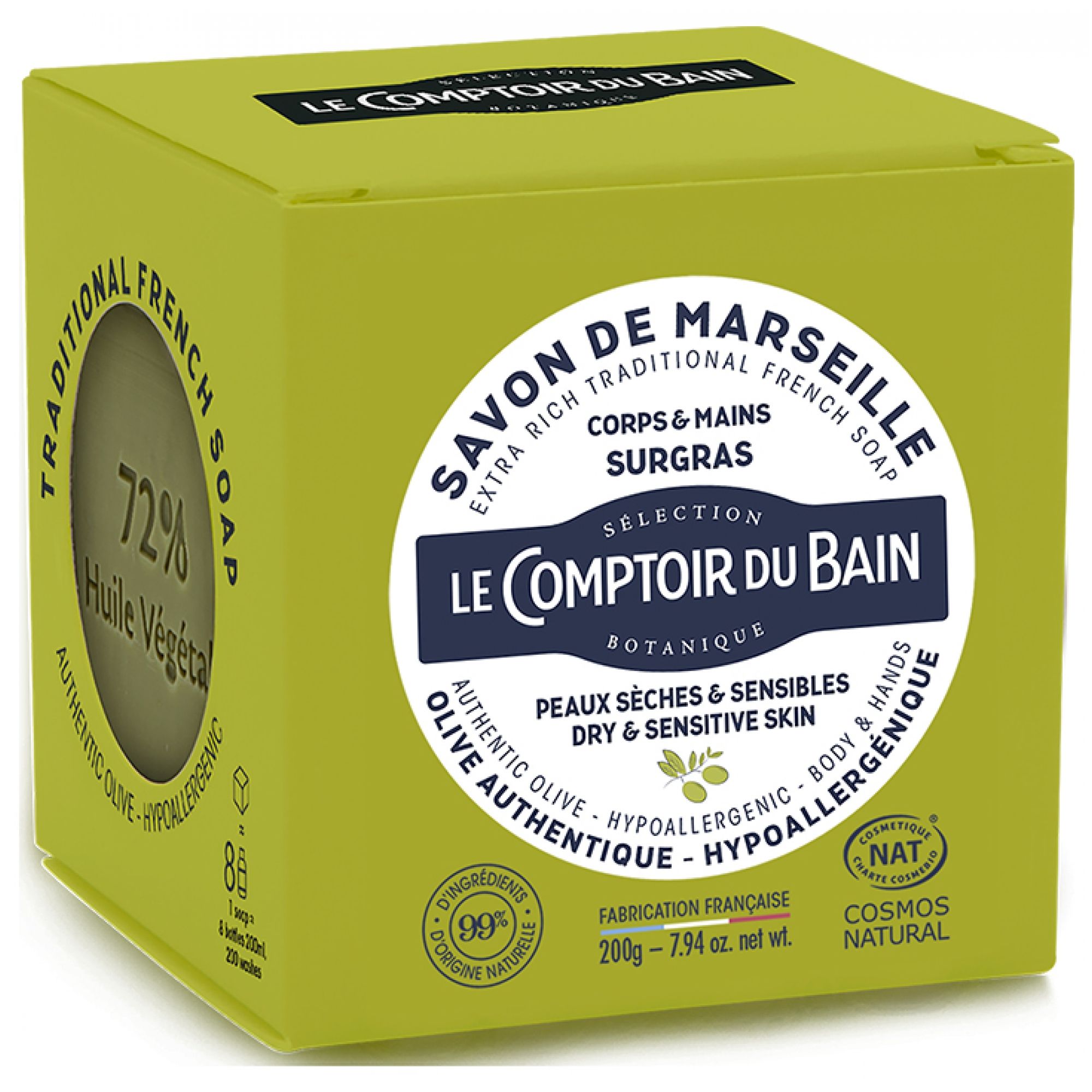Le Comptoir du Bain Authentische, superfette Marseille-Seife mit Olivenduft, fest, 6,5x6,5x6,5 cm