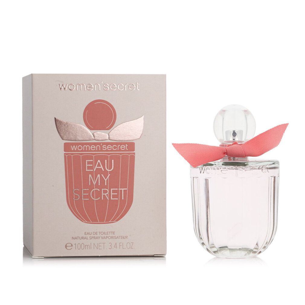 Flakon und Verpackung. Der Flakon hat eine rosa Schleife. Die Verpackung ist rosa und trägt den Schriftzug "women secret Eau My Secret".