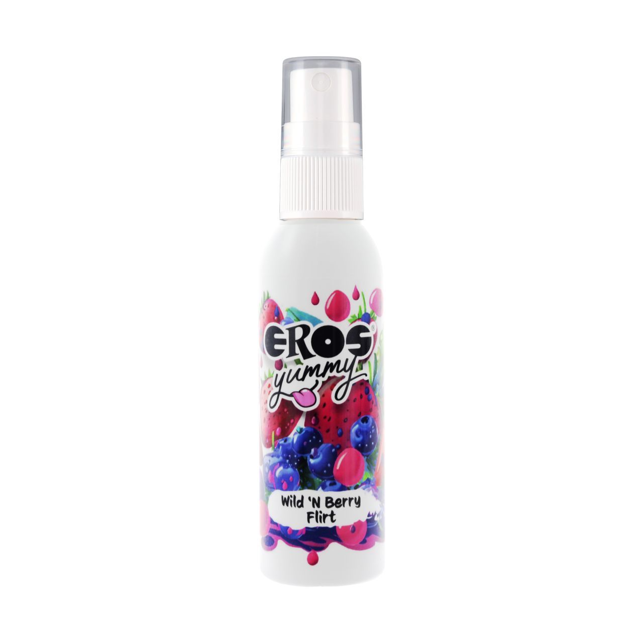 Weiße Flasche mit Sprühkopf. Etikett mit Beeren-Illustration und Schriftzug "EROS yummy Wild 'N Berry Flirt".