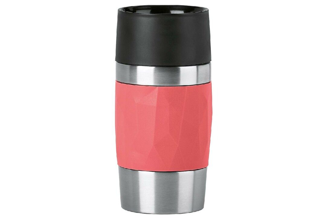 Thermobecher. Schwarz, silberfarben und rosa. Zylindrische Form. Oberteil und Boden silberfarben, Mitte rosa mit Struktur.